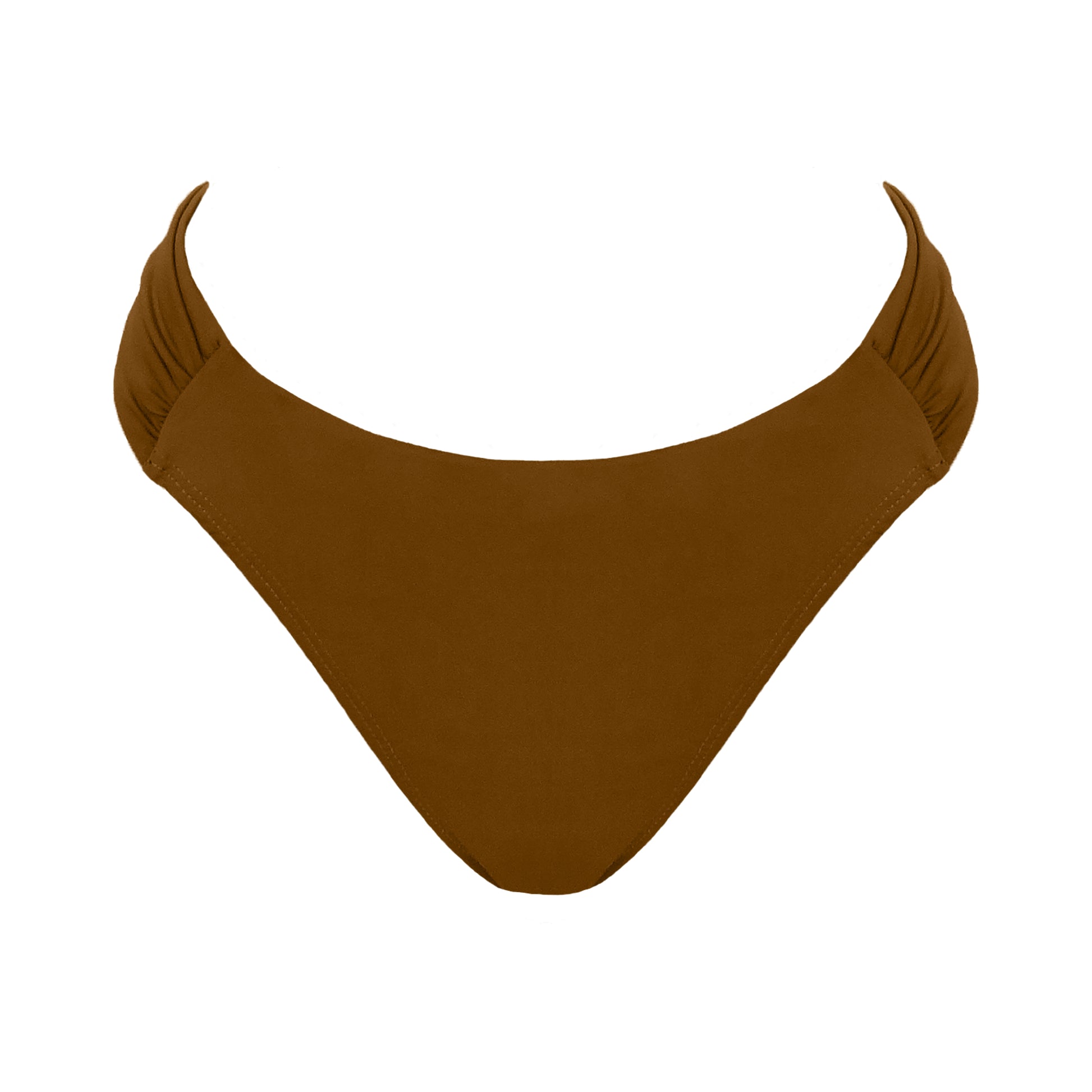 Clay Mid rise bikini bottom with cheeky coverage and wide gathered sides.