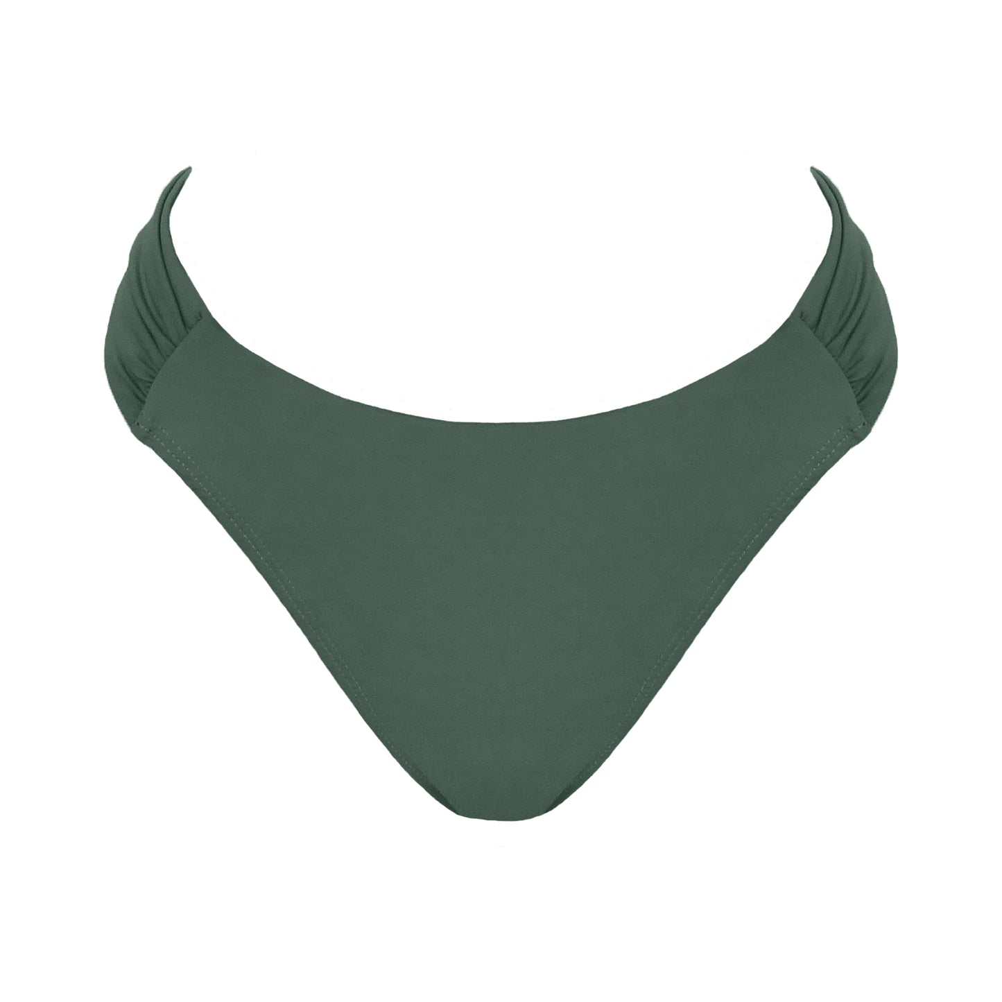 Sage Green Mid rise bikini bottom with cheeky coverage and wide gathered sides.