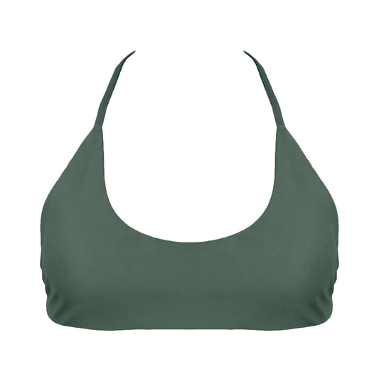 Sage green Sports bra inspired bikini top with a bralette scoop neckline and skinny racerback straps.