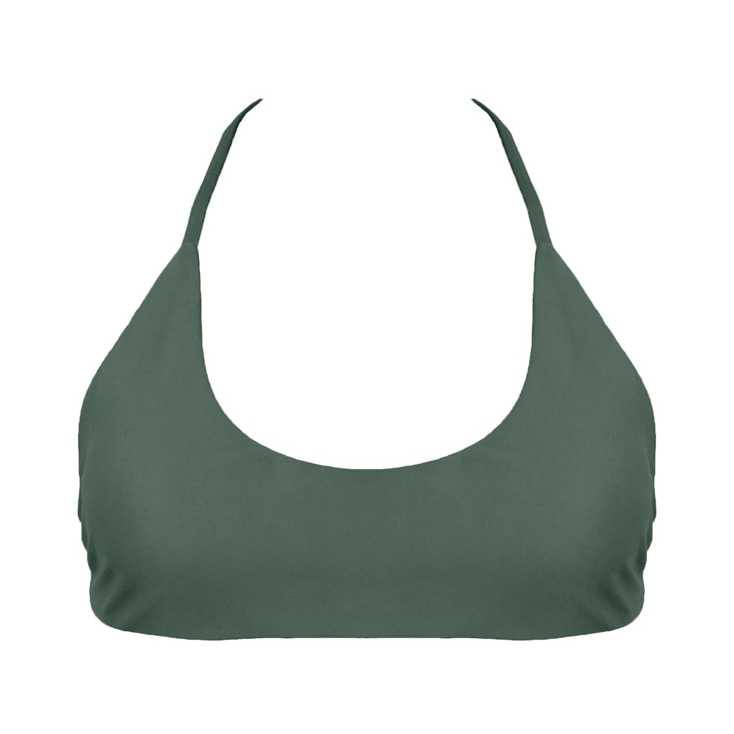 Sage green Sports bra inspired bikini top with a bralette scoop neckline and skinny racerback straps.