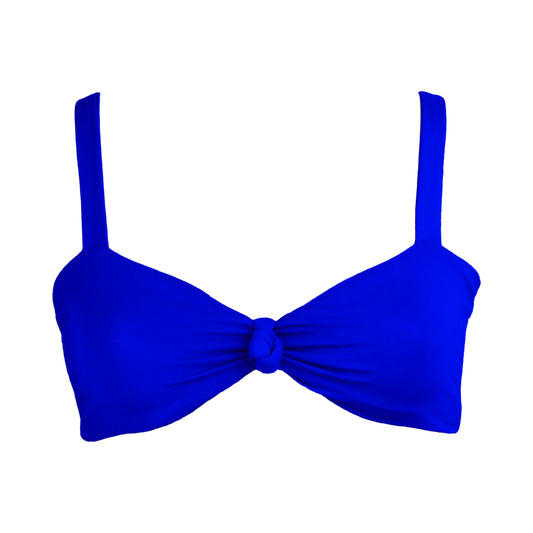 Royal Blue Bralette style bikini top plunging knot v-neckline and adjustable tie back straps.