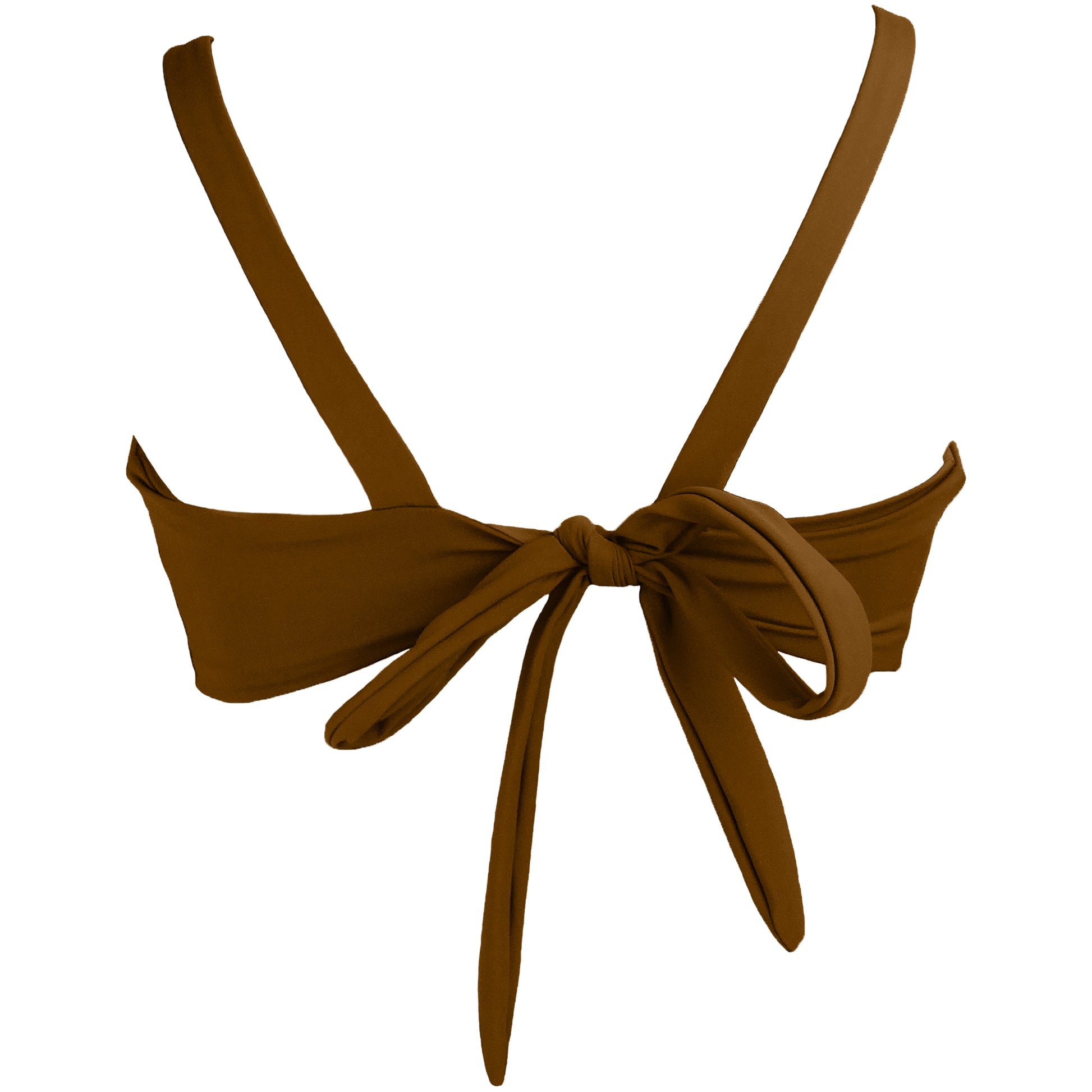 Back view of clay Bralette style bikini top plunging knot v-neckline and adjustable tie back straps.