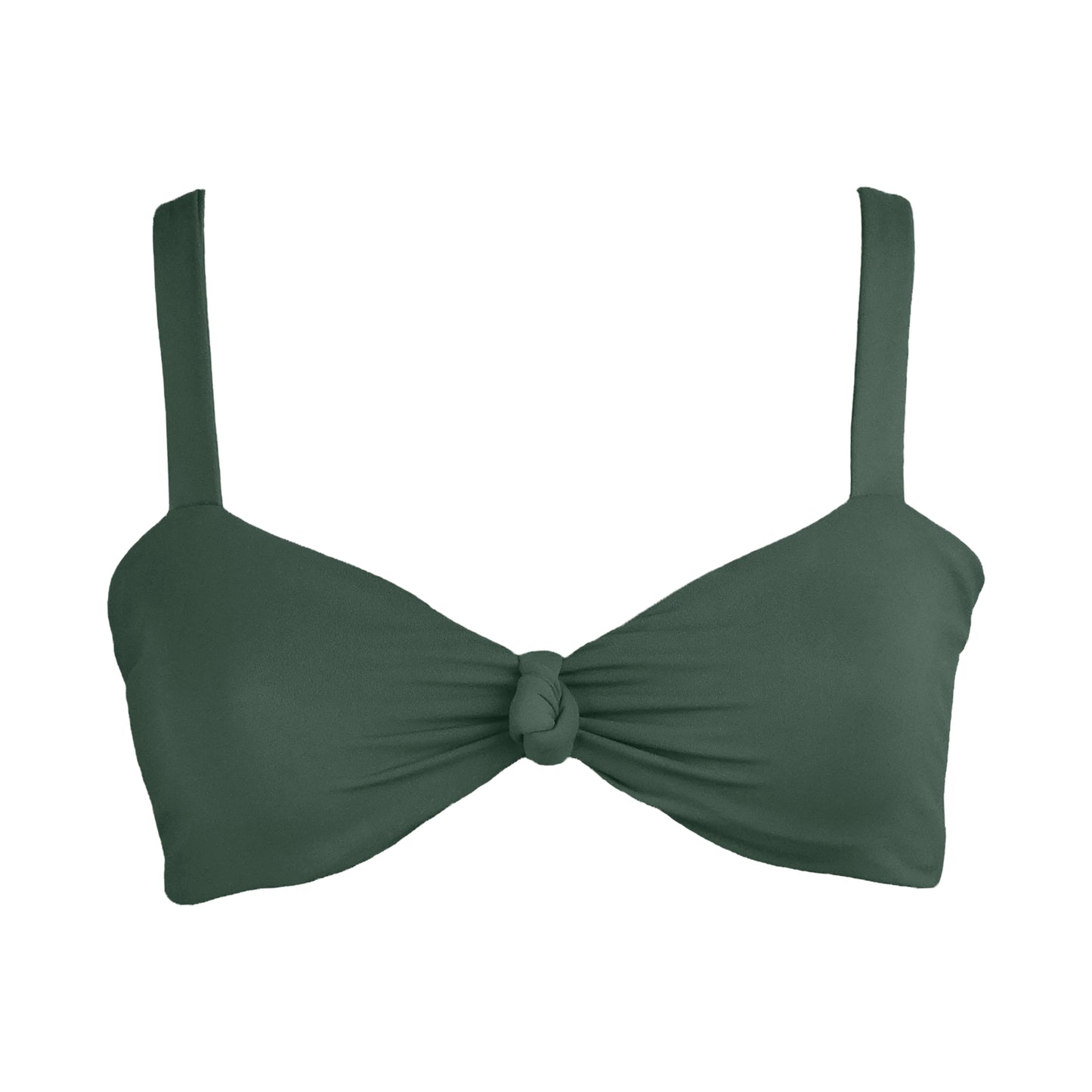 Sage green Bralette style bikini top plunging knot v-neckline and adjustable tie back straps.