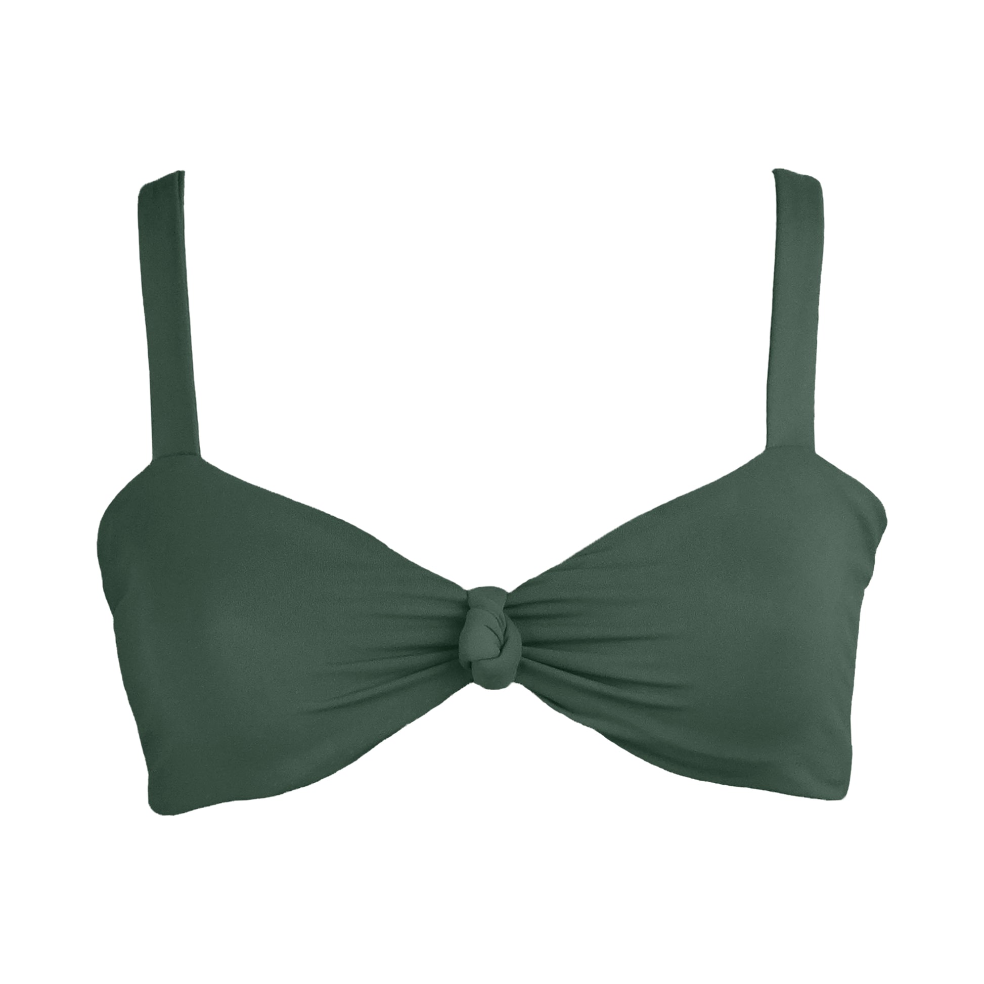 Sage green Bralette style bikini top plunging knot v-neckline and adjustable tie back straps.