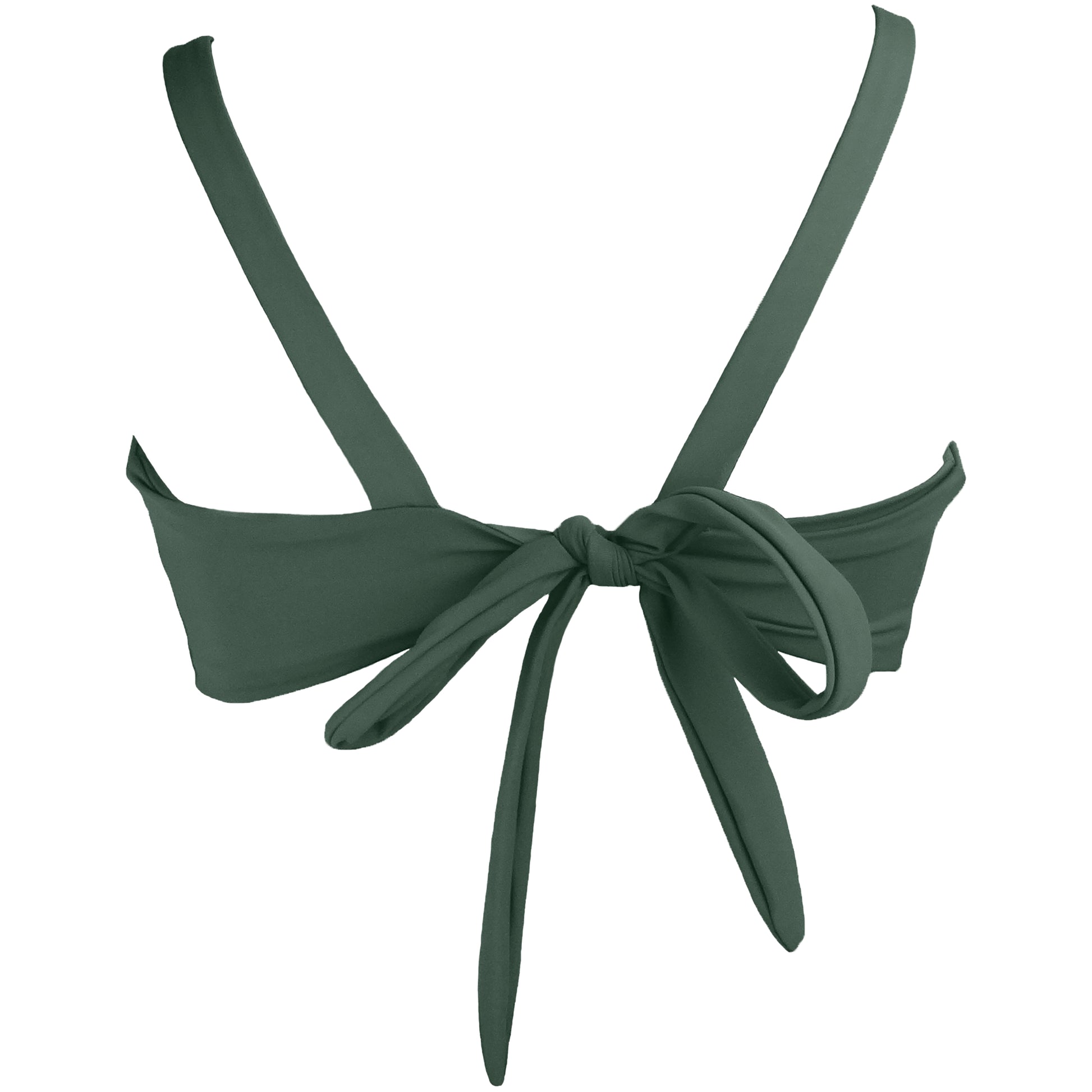 Back view of sage green Bralette style bikini top plunging knot v-neckline and adjustable tie back straps.