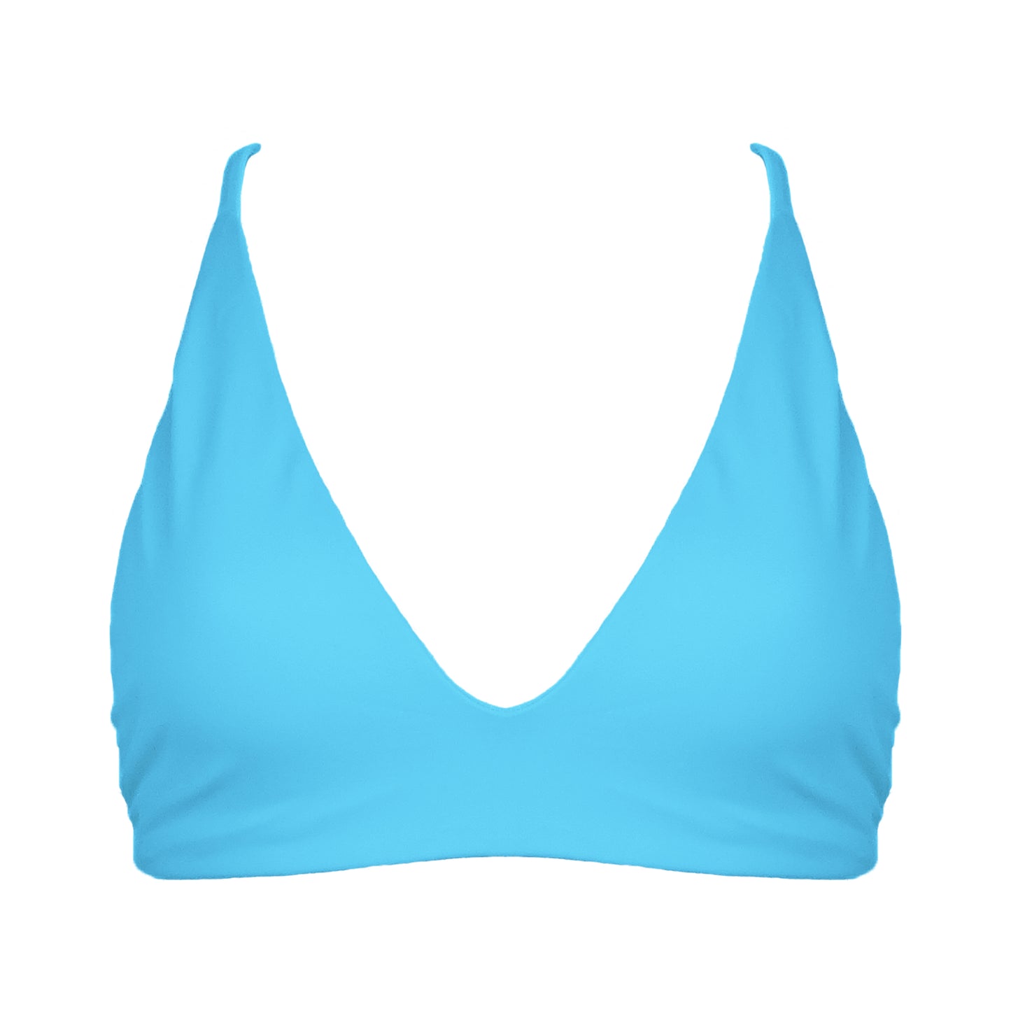 Acqua Blue Bralette style, triangle bikini top with plunging v-neckline, adjustable tie back strap and adjustable shoulder straps.