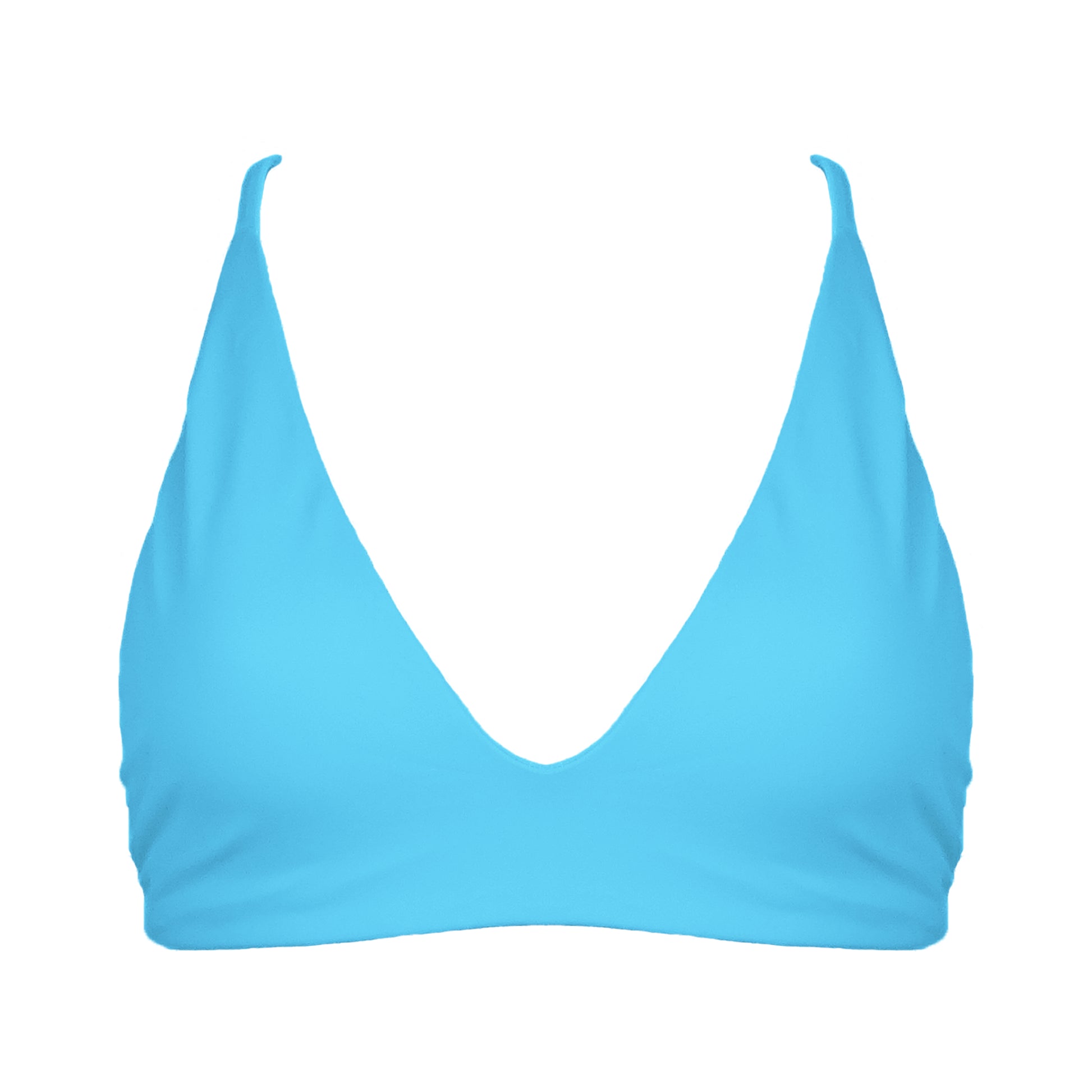 Acqua Blue Bralette style, triangle bikini top with plunging v-neckline, adjustable tie back strap and adjustable shoulder straps.
