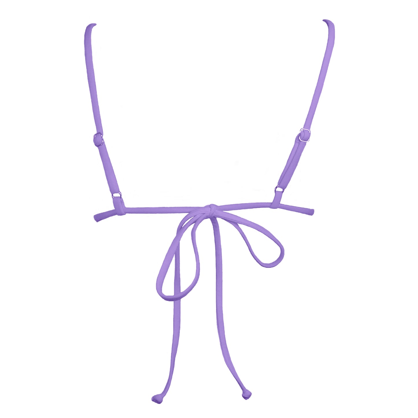 Back view of pastel purple Bralette style, triangle bikini top with plunging v-neckline, adjustable tie back strap and adjustable shoulder straps.