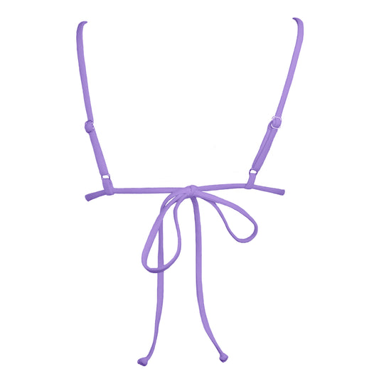 Back view of pastel purple Bralette style, triangle bikini top with plunging v-neckline, adjustable tie back strap and adjustable shoulder straps. 