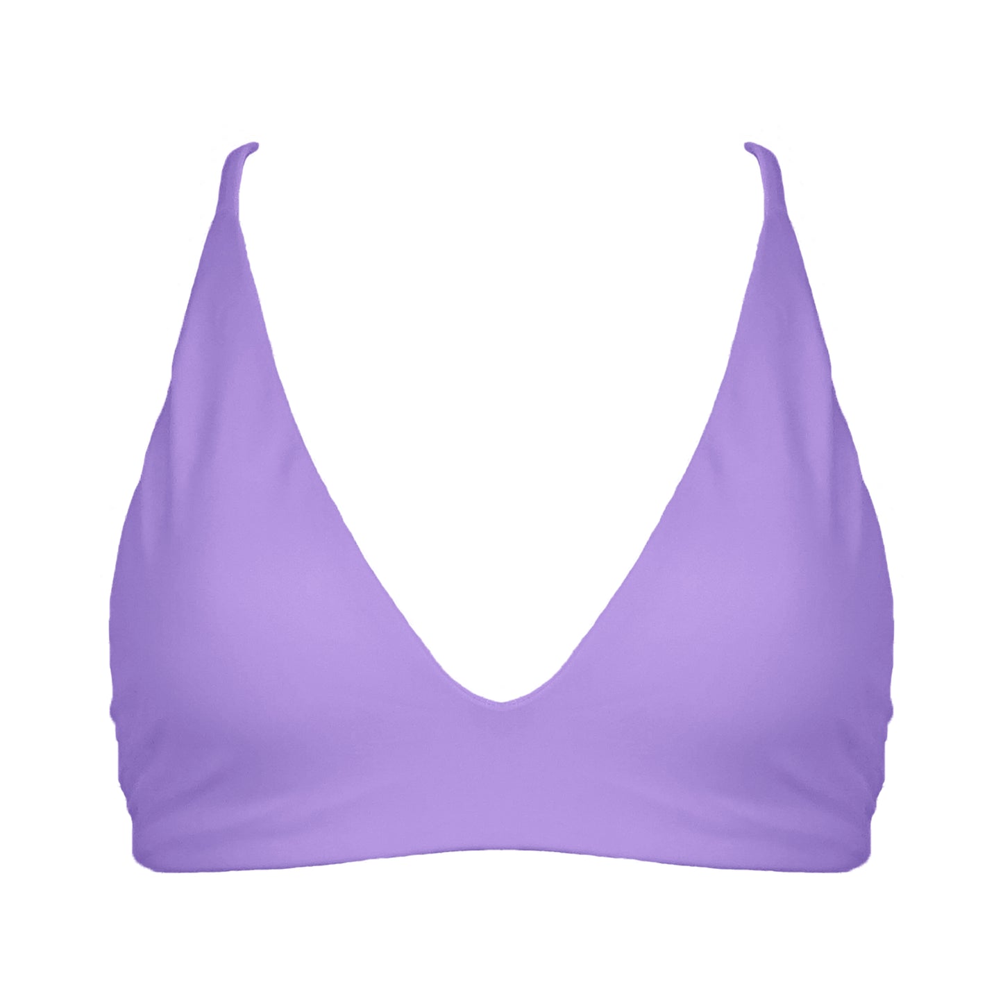 Pastel purple Bralette style, triangle bikini top with plunging v-neckline, adjustable tie back strap and adjustable shoulder straps.
