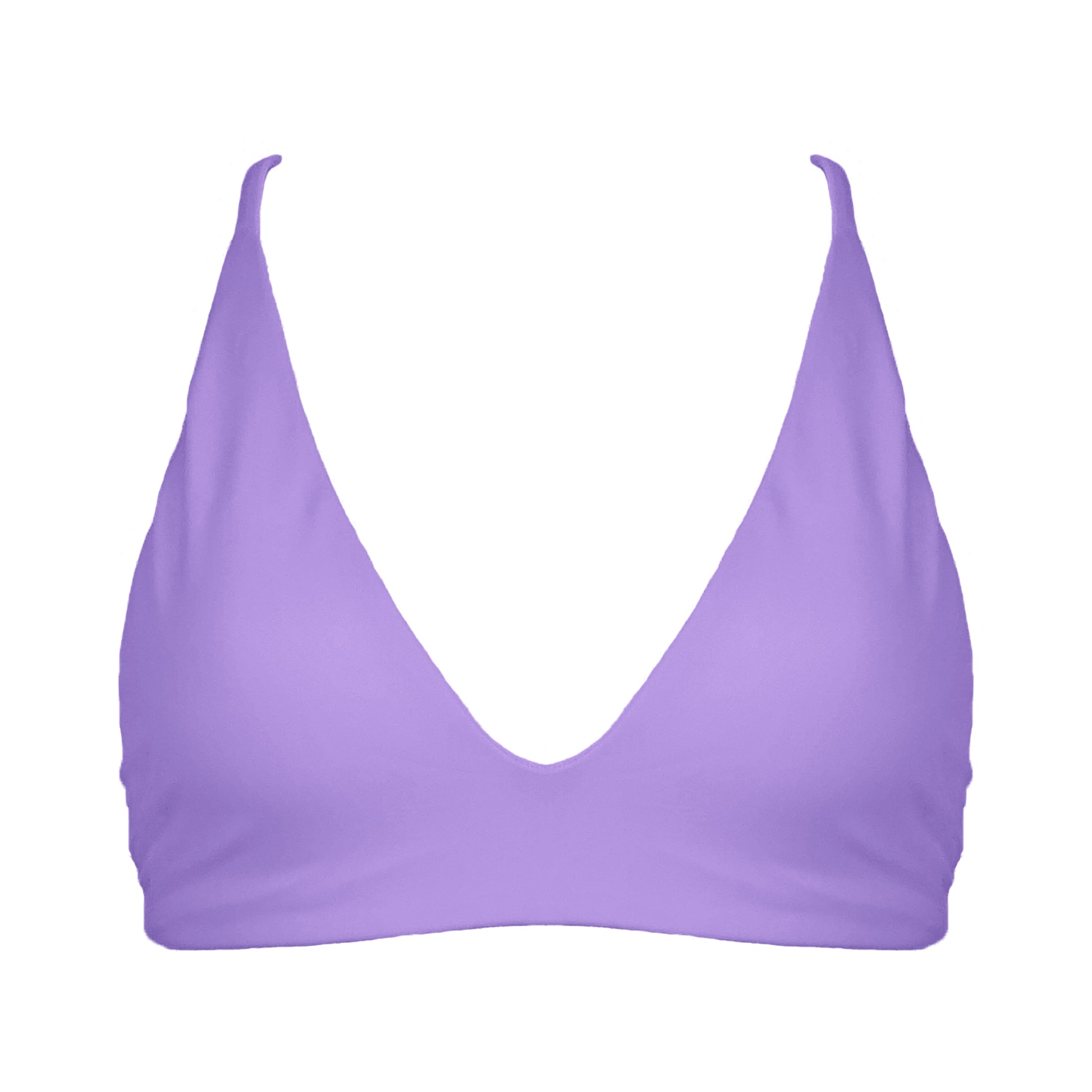 Pastel purple Bralette style, triangle bikini top with plunging v-neckline, adjustable tie back strap and adjustable shoulder straps.