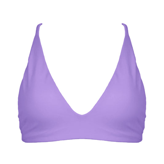 Pastel purple Bralette style, triangle bikini top with plunging v-neckline, adjustable tie back strap and adjustable shoulder straps.