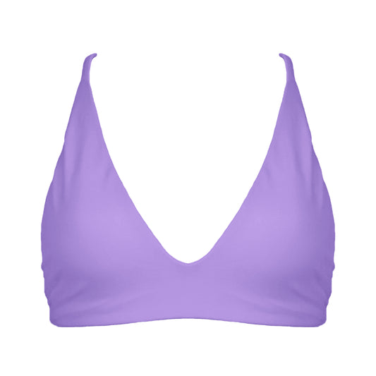 Pastel purple Bralette style, triangle bikini top with plunging v-neckline, adjustable tie back strap and adjustable shoulder straps. 