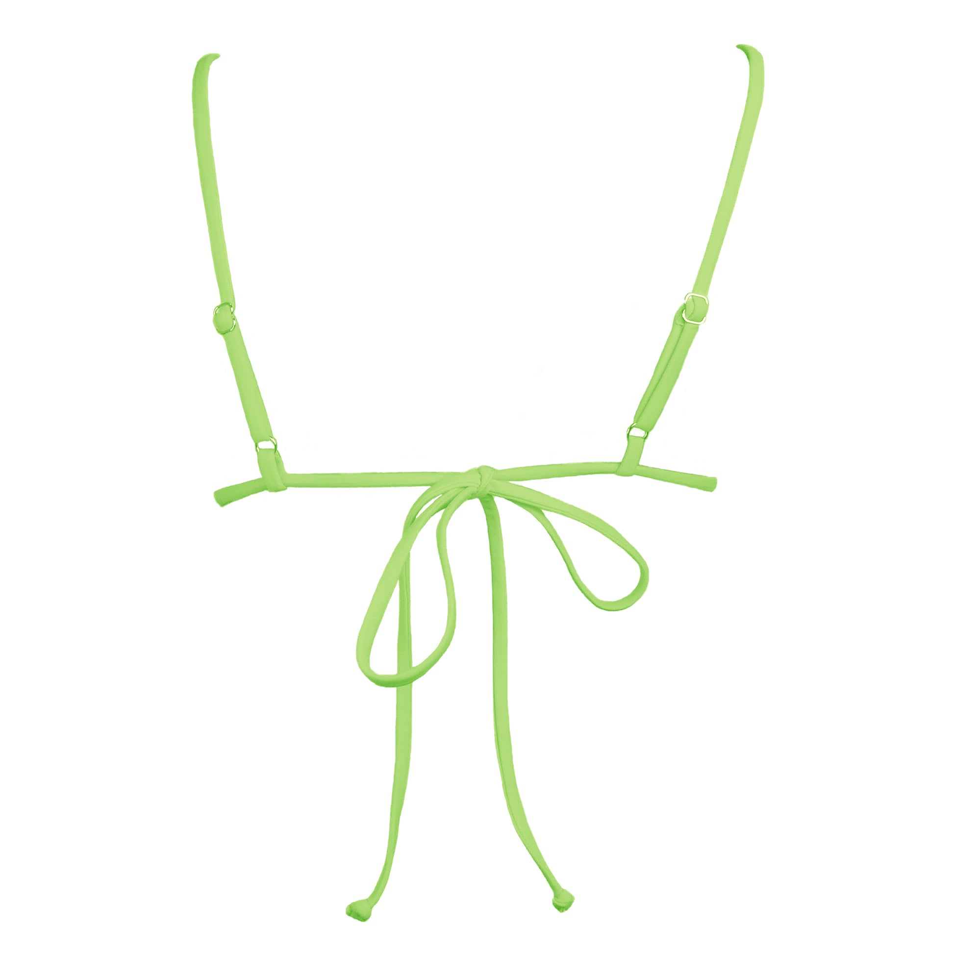 Back view of light neon green Bralette style, triangle bikini top with plunging v-neckline, adjustable tie back strap and adjustable shoulder straps.