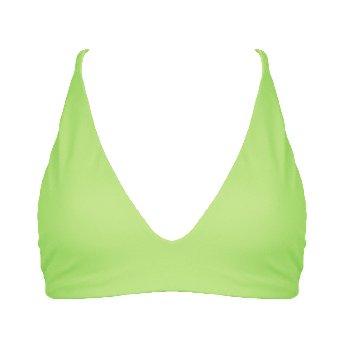 Light neon green Bralette style, triangle bikini top with plunging v-neckline, adjustable tie back strap and adjustable shoulder straps.