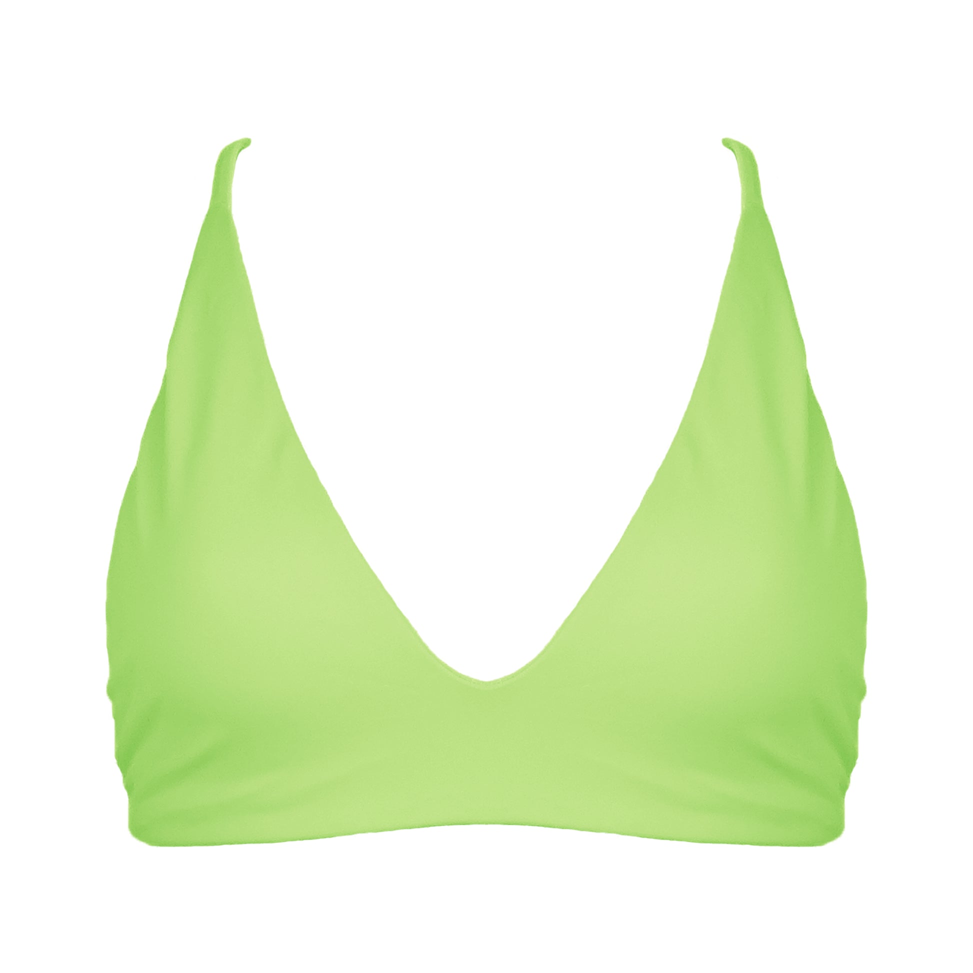 Light neon green Bralette style, triangle bikini top with plunging v-neckline, adjustable tie back strap and adjustable shoulder straps.