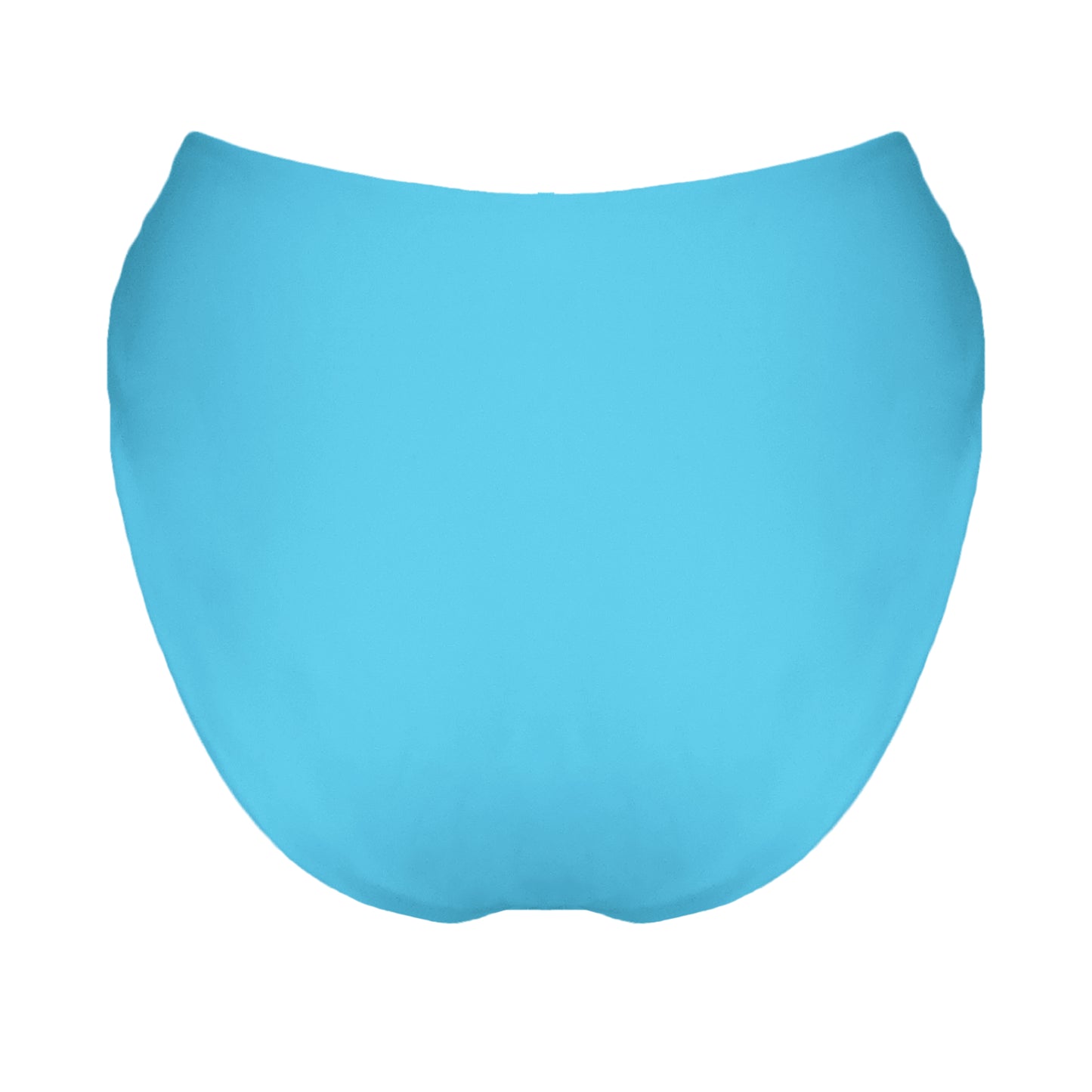 Back view of acqua blue V-front mid rise bikini bottom with high cut sides and cheeky coverage.