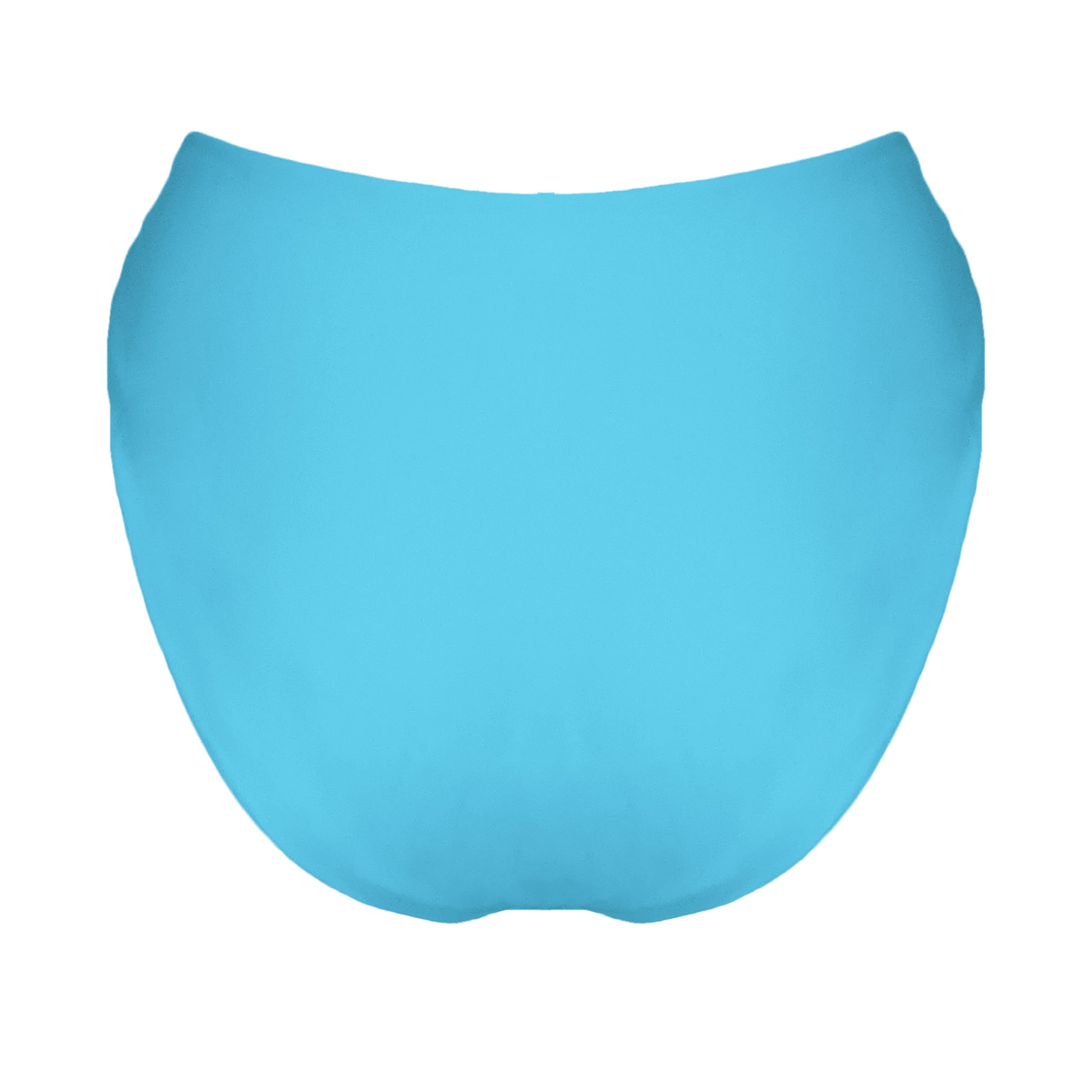 Back view of acqua blue V-front mid rise bikini bottom with high cut sides and cheeky coverage.