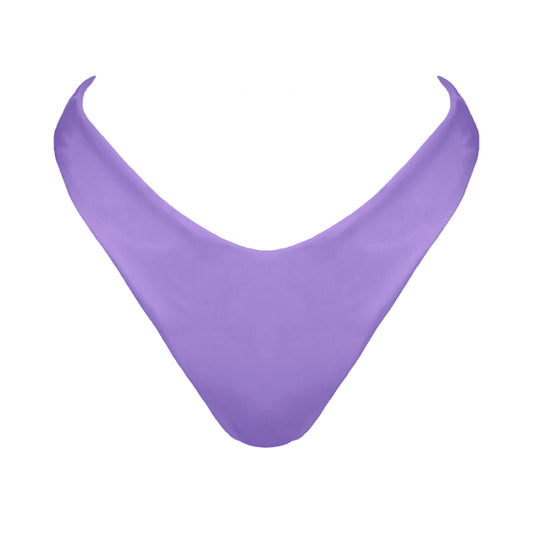 Pastel purple V-front mid rise bikini bottom with high cut sides and cheeky coverage.