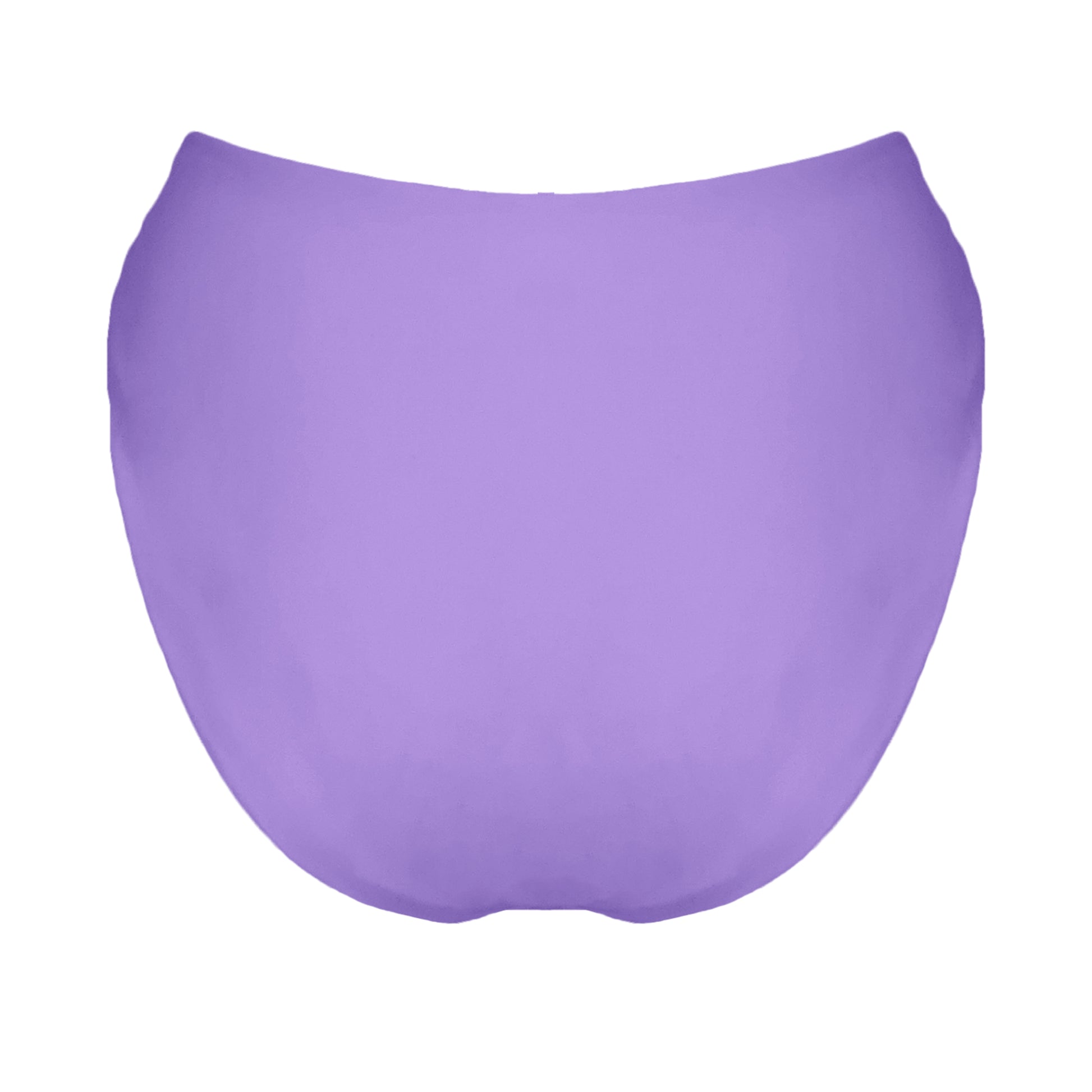Back view of pastel purple V-front mid rise bikini bottom with high cut sides and cheeky coverage.