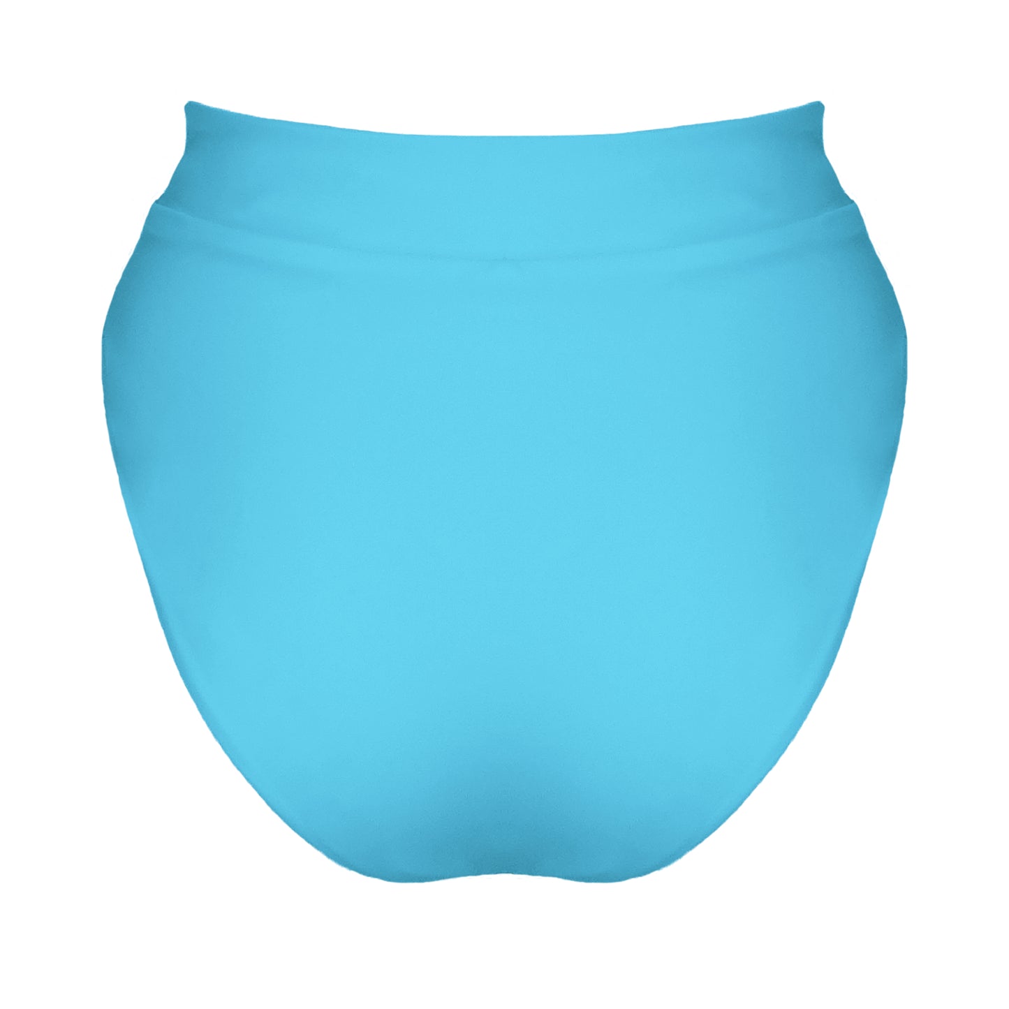 Back view of acqua blue banded high waist full coverage bikini bottom.