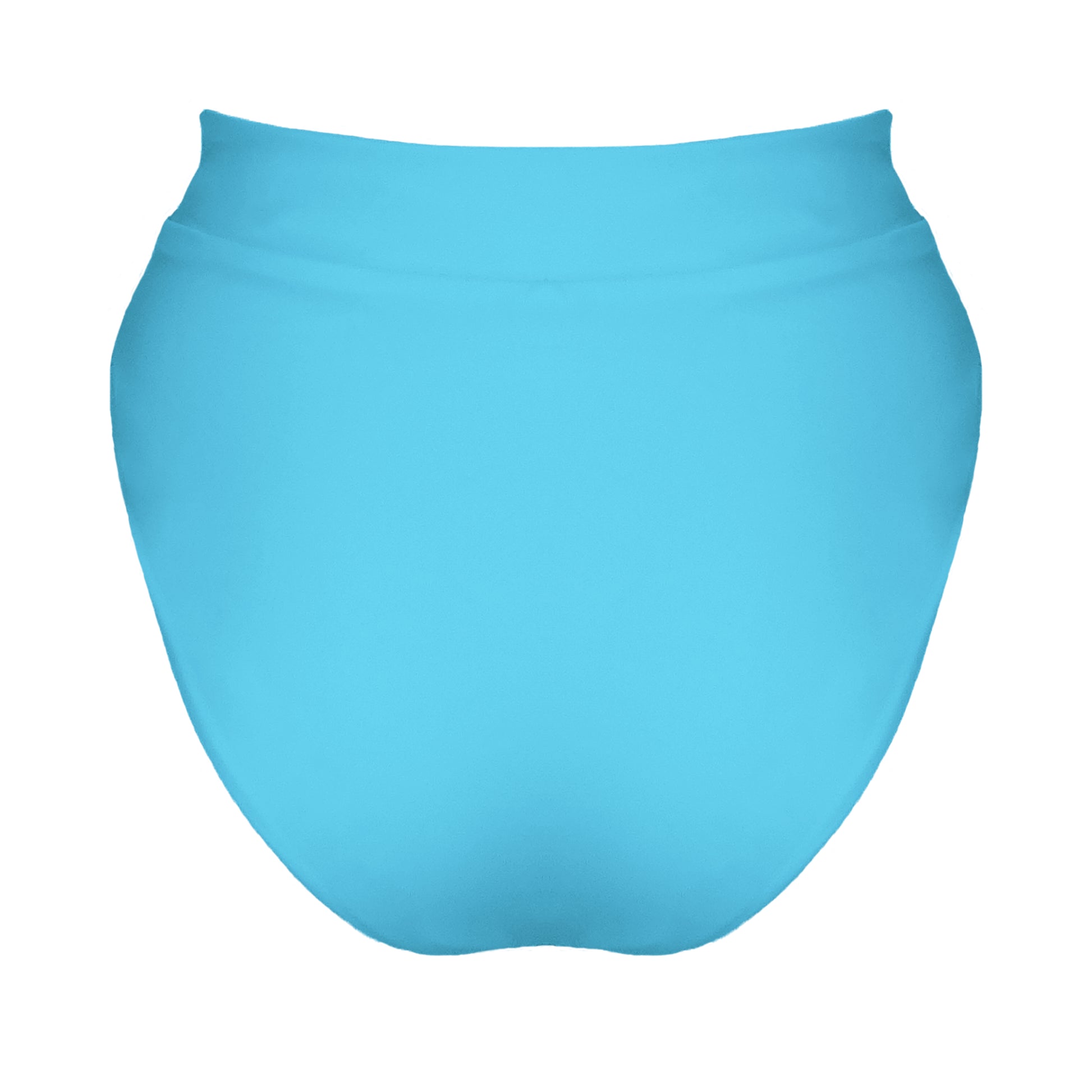 Back view of acqua blue banded high waist full coverage bikini bottom.
