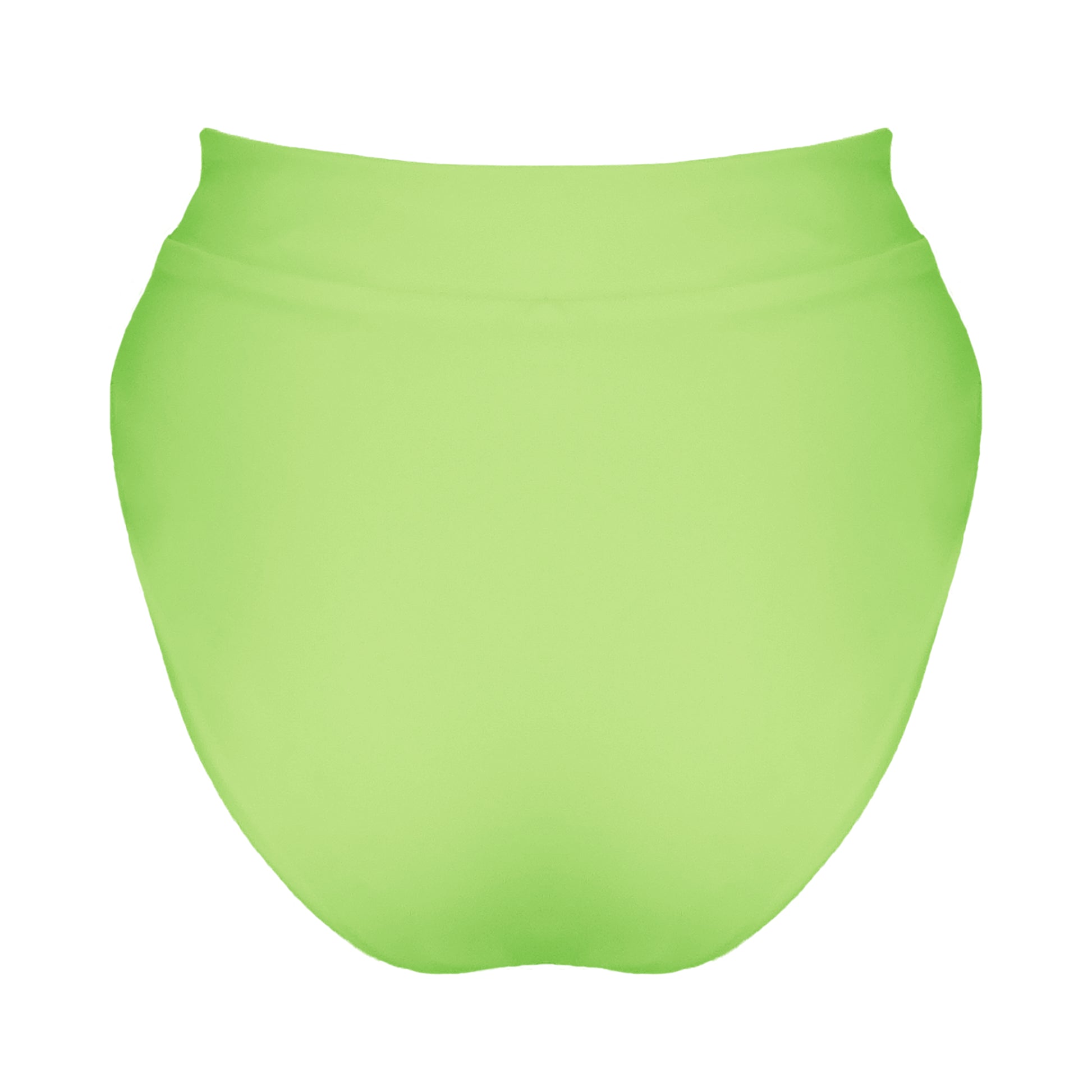 Back view of light neon green banded high waist full coverage bikini bottom.