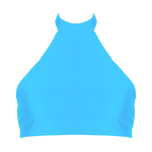 Acqua blue sport inspired halter neck bikini top with adjustable tie back straps.