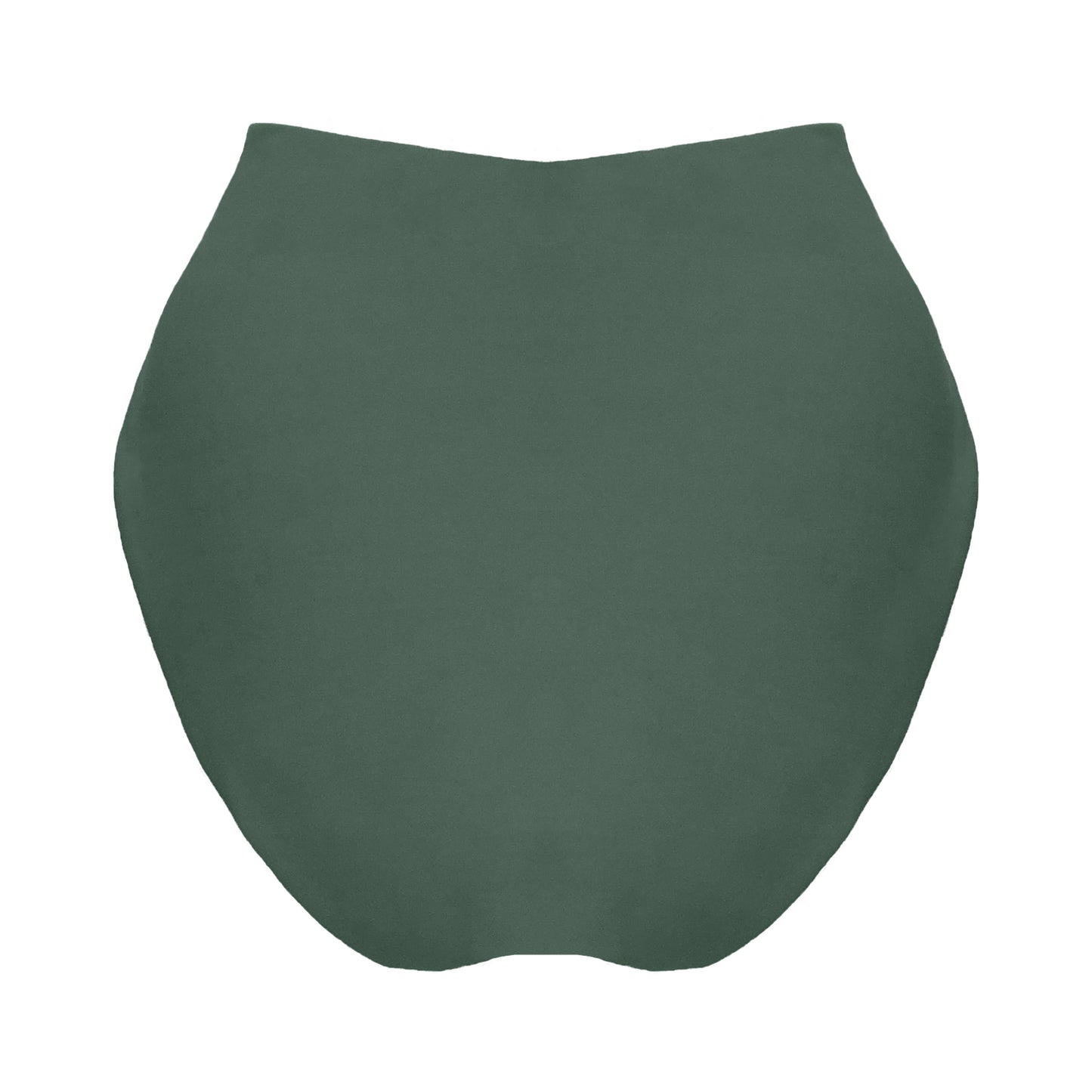 Back view of sage green v-front high rise bikini bottom with a cross front waist brand to accentuate curves, high cut legs and full coverage.