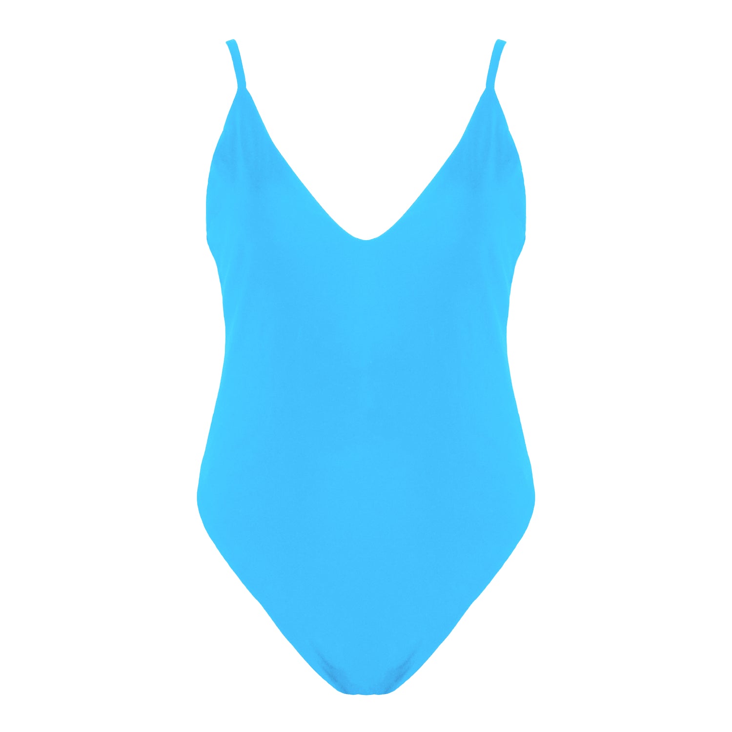 Acqua blue simplistic plunging v-neck one piece swimsuit with a low v-back, high cut legs and full coverage.