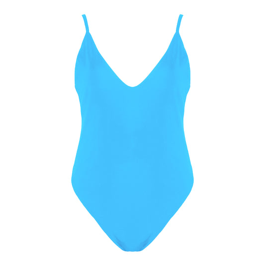 Acqua blue simplistic plunging v-neck one piece swimsuit with a low v-back, high cut legs and full coverage.