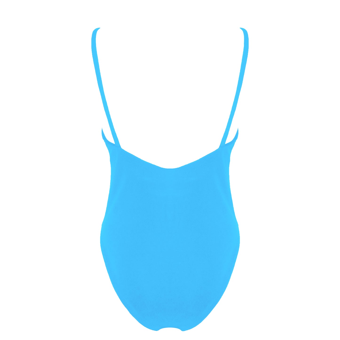 Back view of acqua blue simplistic plunging v-neck one piece swimsuit with a low v-back, high cut legs and full coverage.