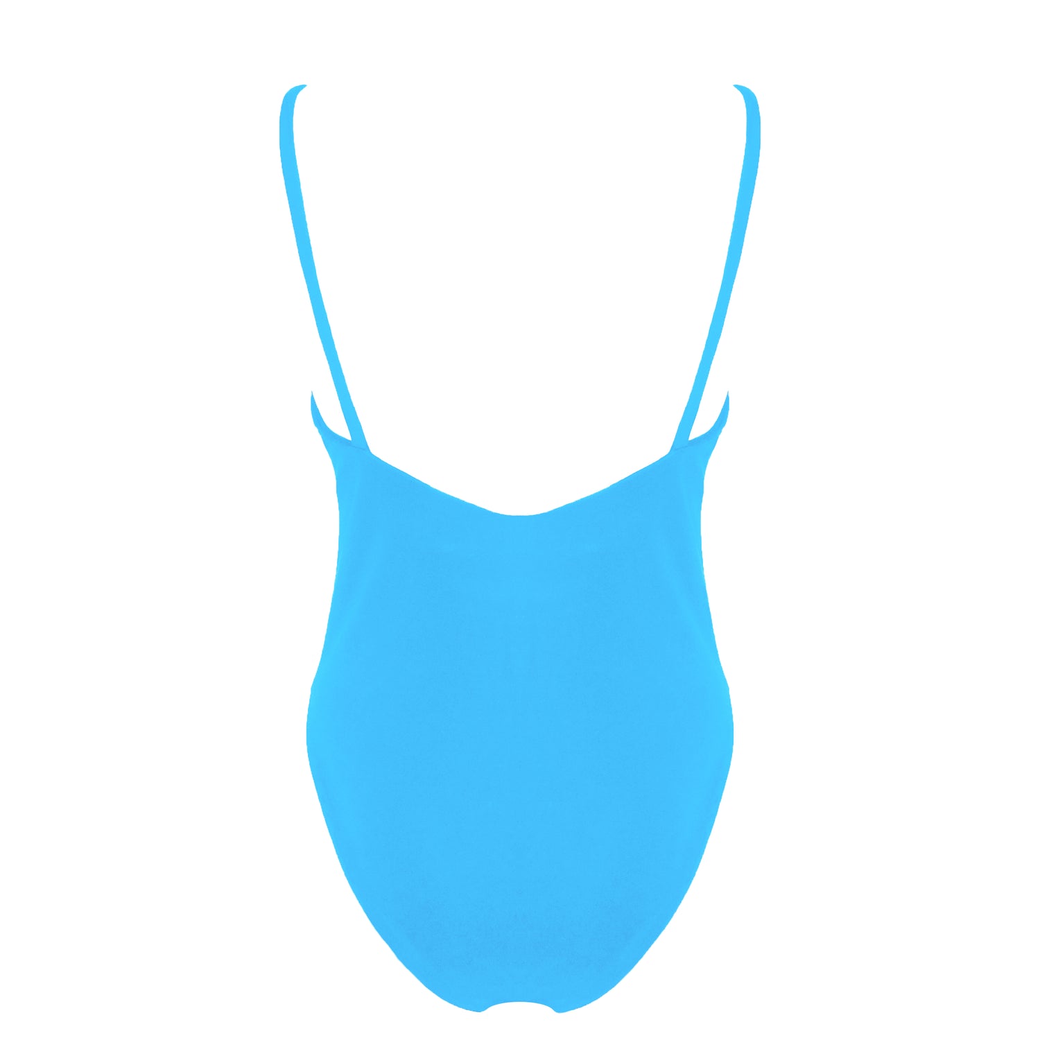 Back view of acqua blue simplistic plunging v-neck one piece swimsuit with a low v-back, high cut legs and full coverage.