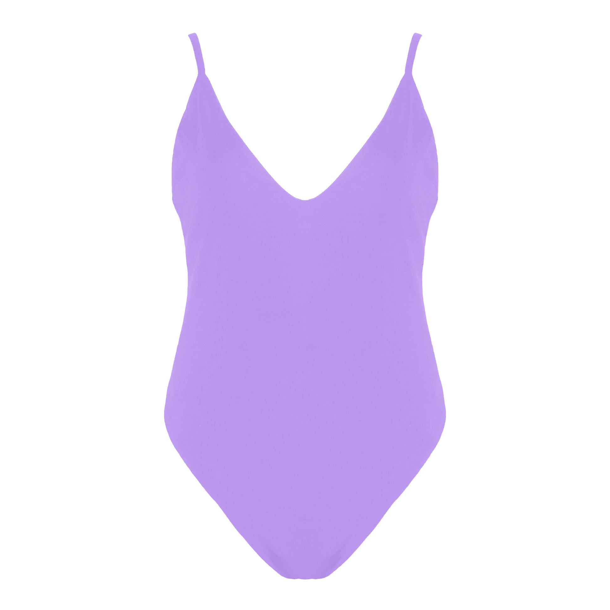 Lavender simplistic plunging v-neck one piece swimsuit with a low v-back, high cut legs and full coverage.