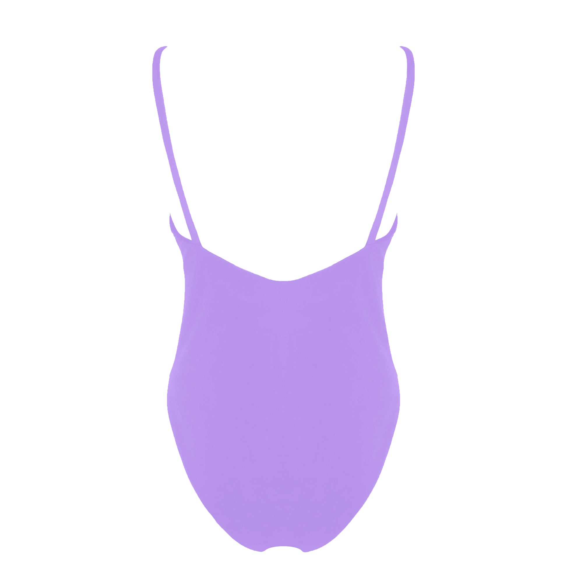 Back view of lavender purple simplistic plunging v-neck one piece swimsuit with a low v-back, high cut legs and full coverage.