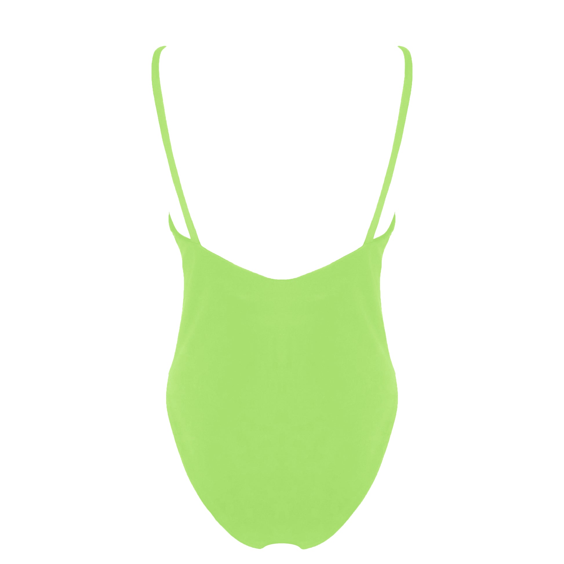 Back view of light neon green simplistic plunging v-neck one piece swimsuit with a low v-back, high cut legs and full coverage.