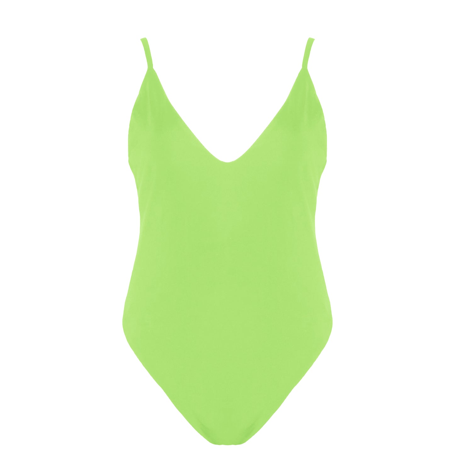 Light neon green simplistic plunging v-neck one piece swimsuit with a low v-back, high cut legs and full coverage.