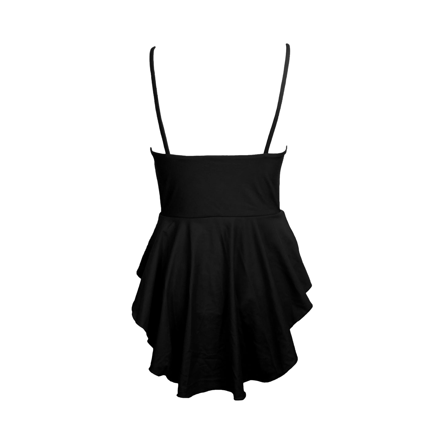 Back view of Black simplistic plunging v-neck one piece swimsuit with an added high-low skater skirt overlay. Under the skirt layer the bodys bottom half has a low back, high cut legs and full coverage.