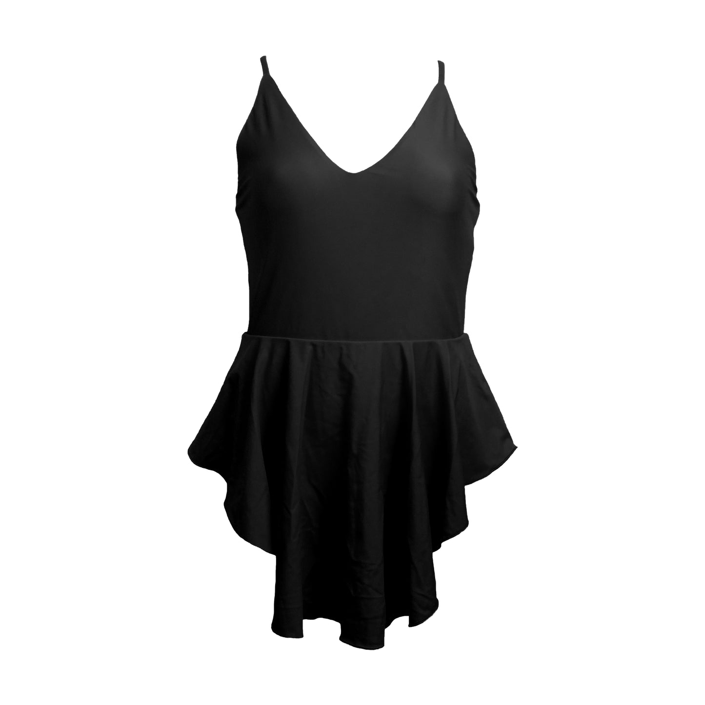 Black simplistic plunging v-neck one piece swimsuit with an added high-low skater skirt overlay. Under the skirt layer the bodys bottom half has a low  back, high cut legs and full coverage.