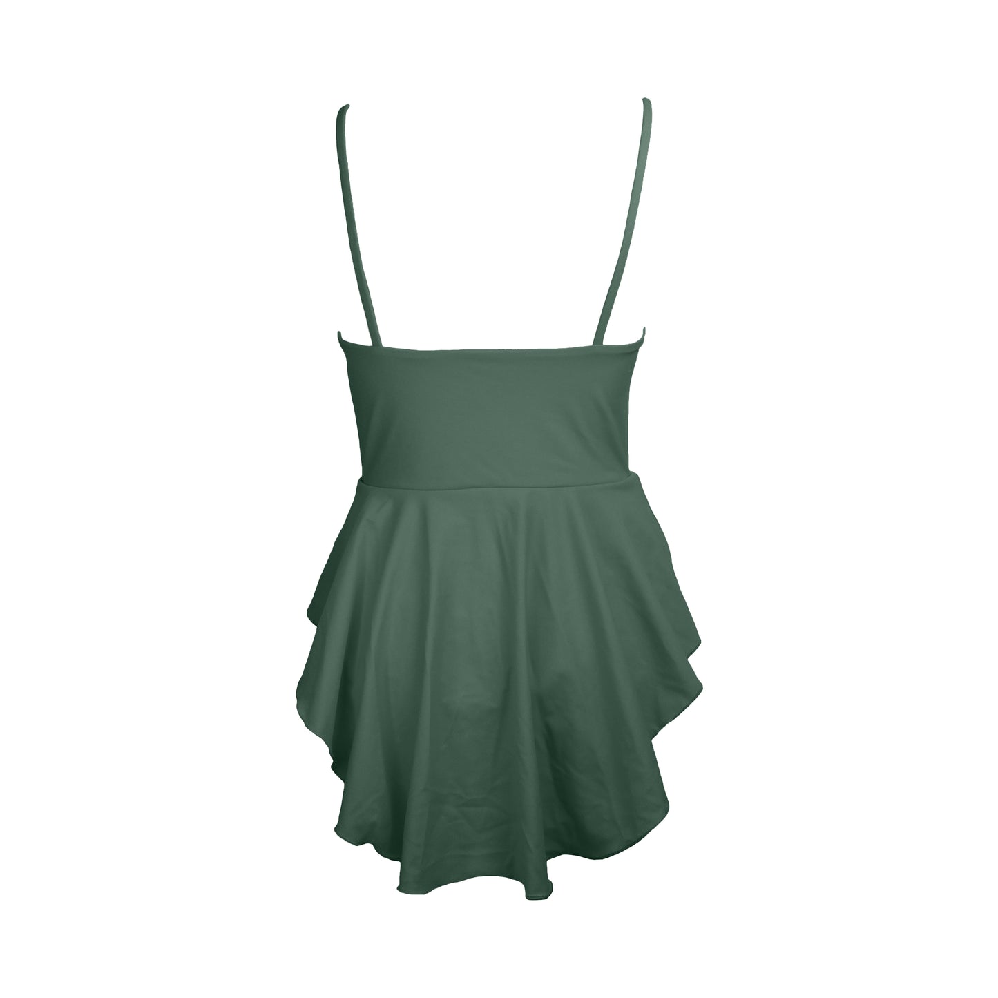 Back view of sage green simplistic plunging v-neck one piece swimsuit with an added high-low skater skirt overlay. Under the skirt layer the bodys bottom half has a low back, high cut legs and full coverage.