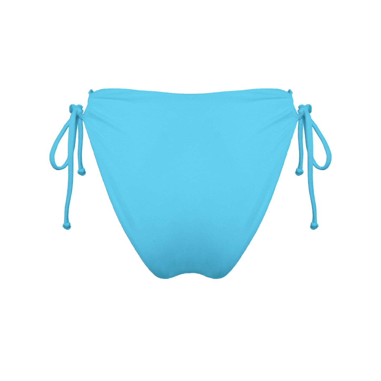 Back view of acqua blue strappy mid-rise bikini bottoms with high cut legs and cheeky coverage.
