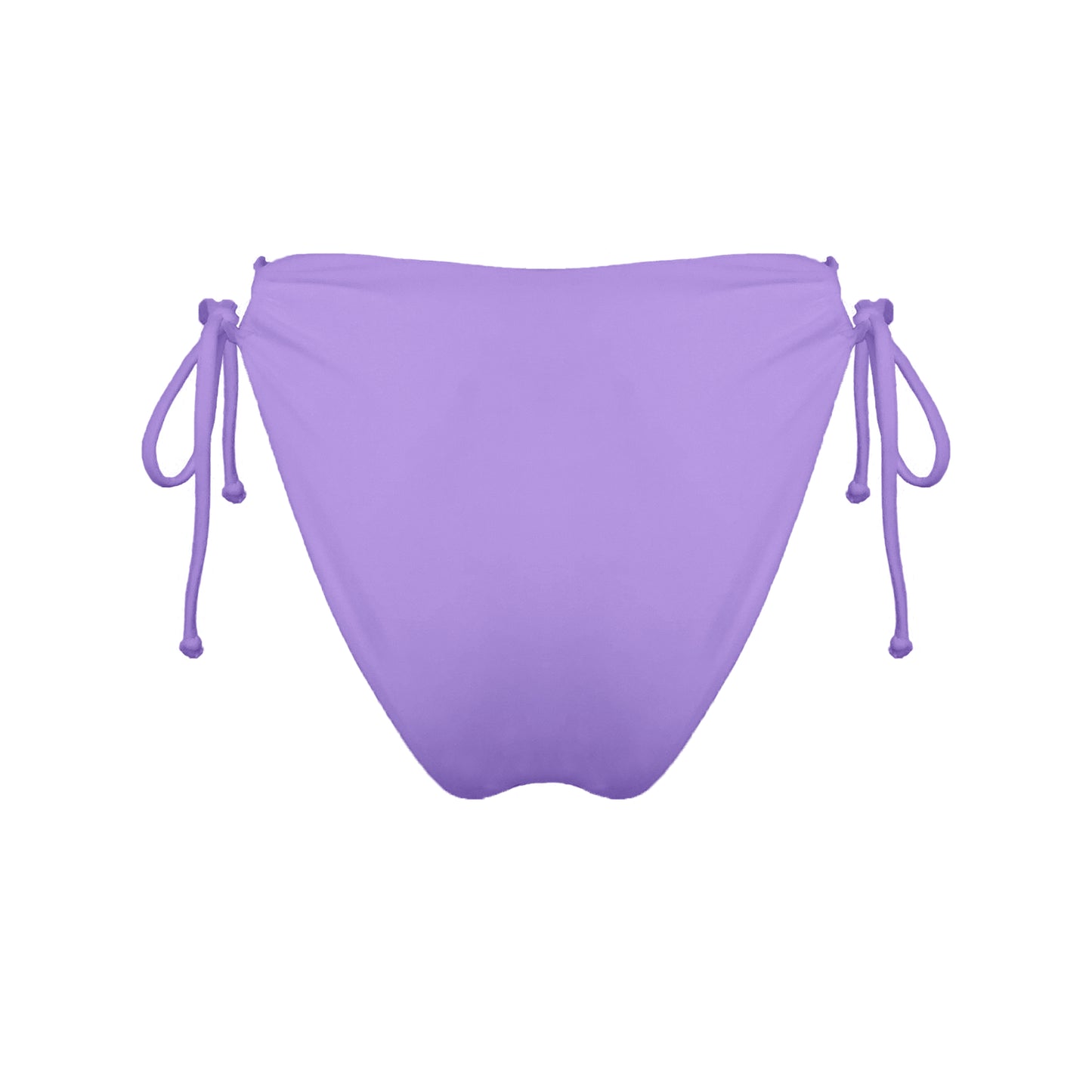 Back view of pastel purple strappy mid-rise bikini bottoms with high cut legs and cheeky coverage.