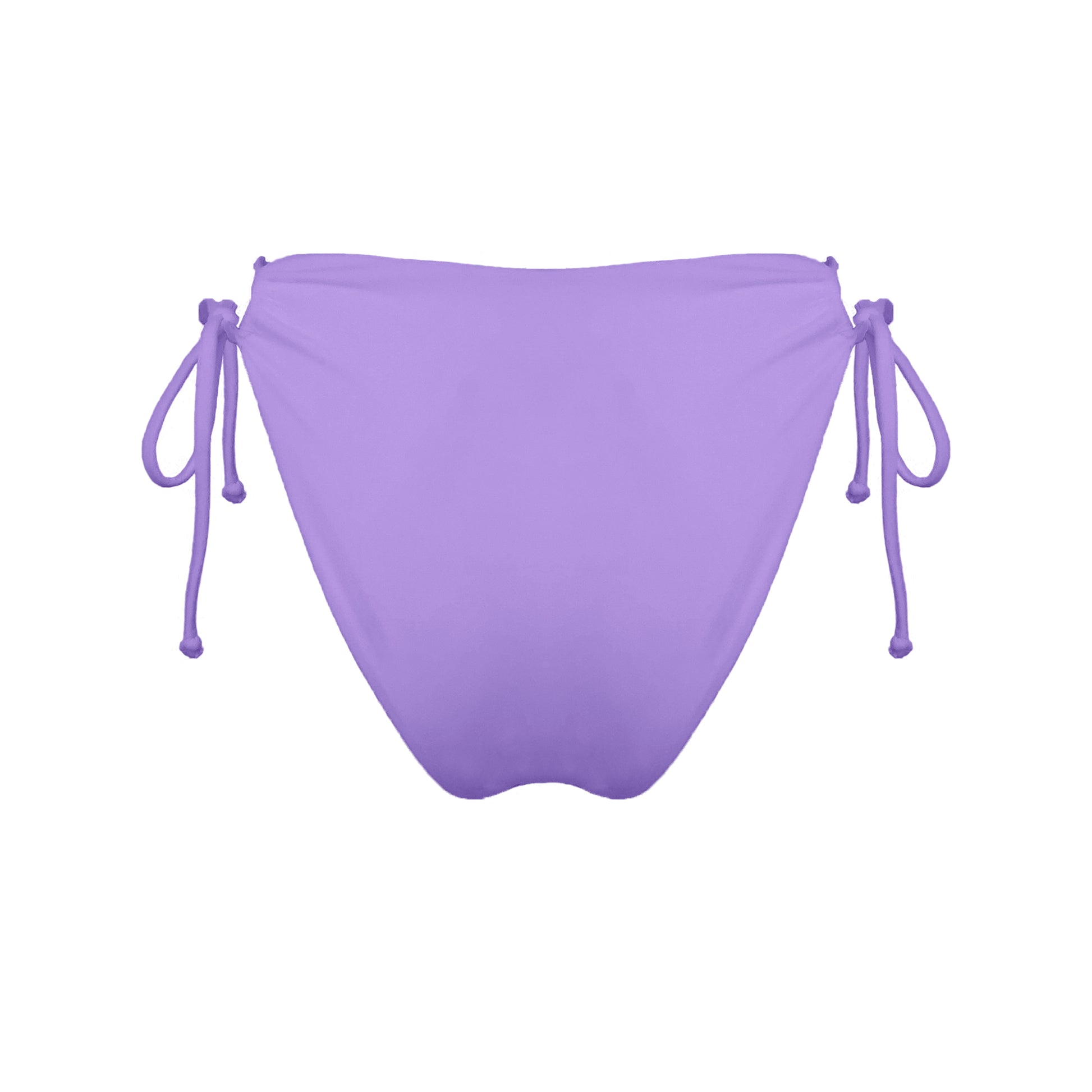 Back view of pastel purple strappy mid-rise bikini bottoms with high cut legs and cheeky coverage.