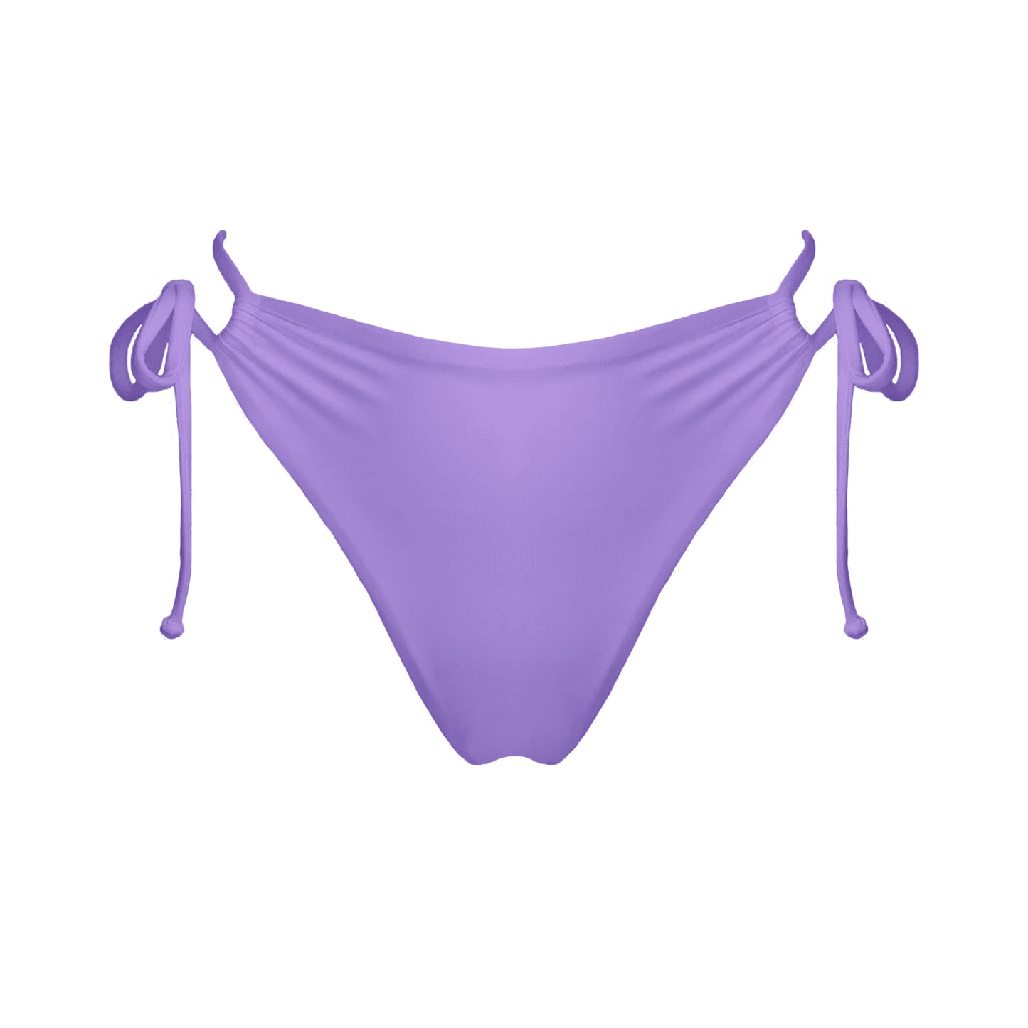 Pastel purple strappy mid-rise bikini bottoms with high cut legs and cheeky coverage.
