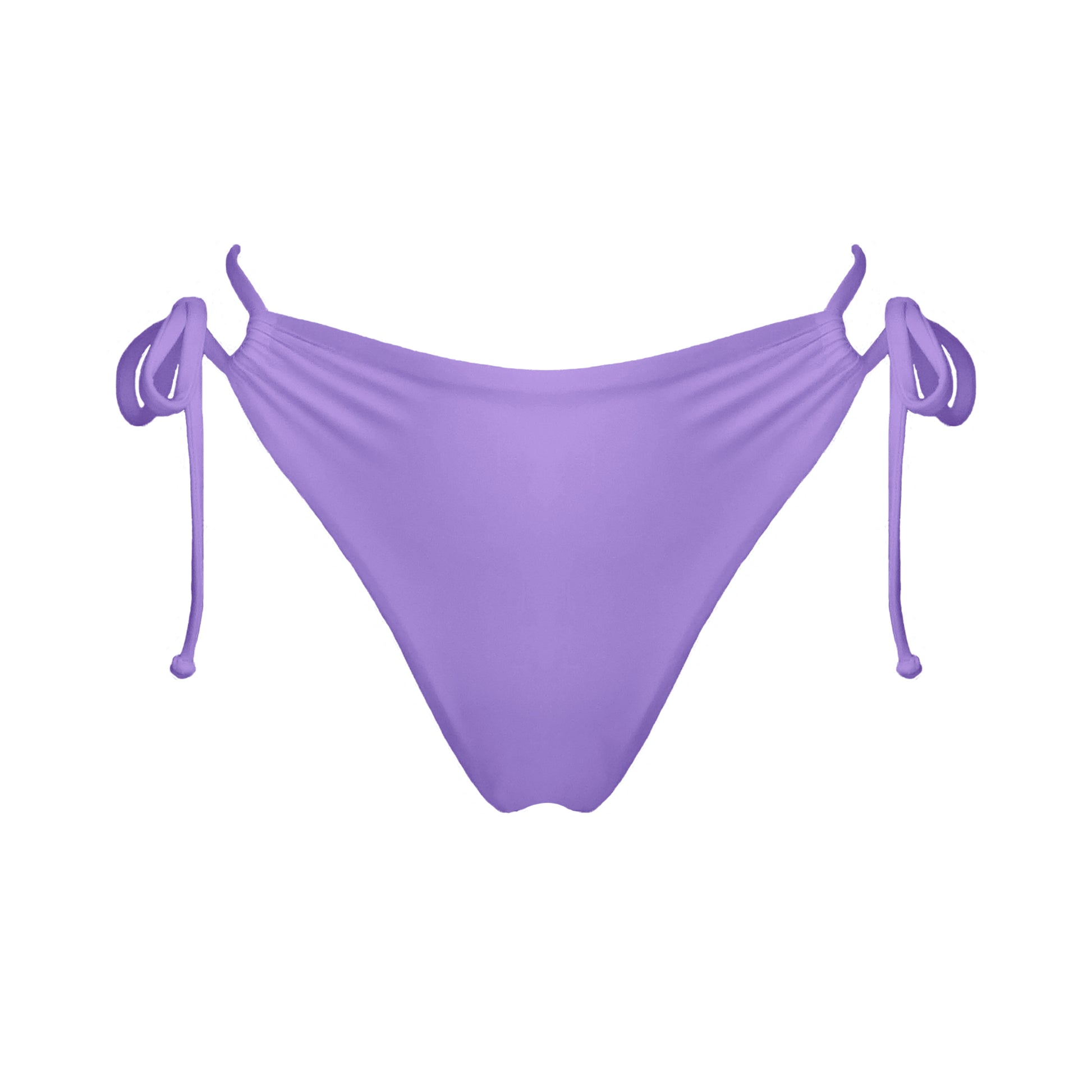 Pastel purple strappy mid-rise bikini bottoms with high cut legs and cheeky coverage.