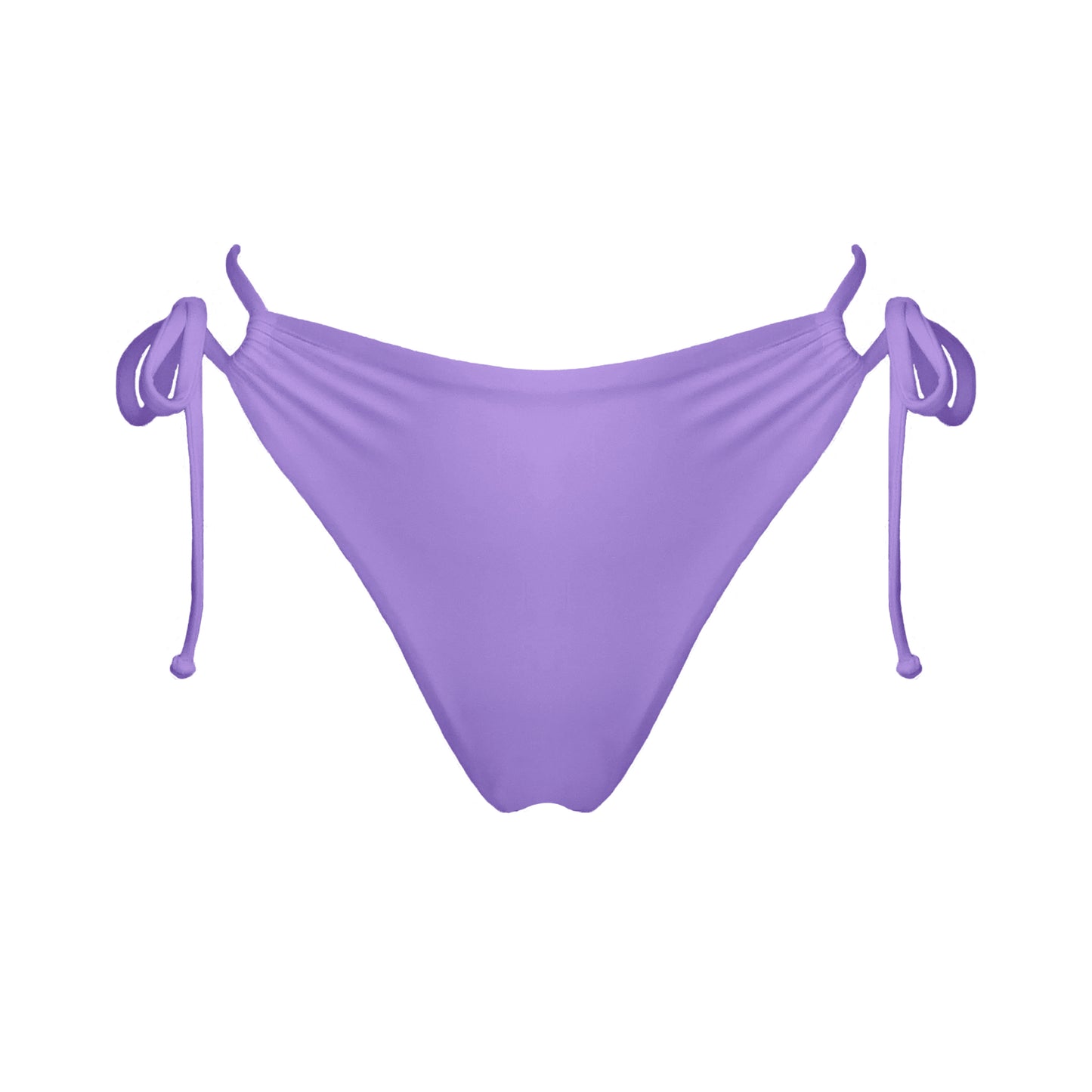 Pastel purple strappy mid-rise bikini bottoms with high cut legs and cheeky coverage.