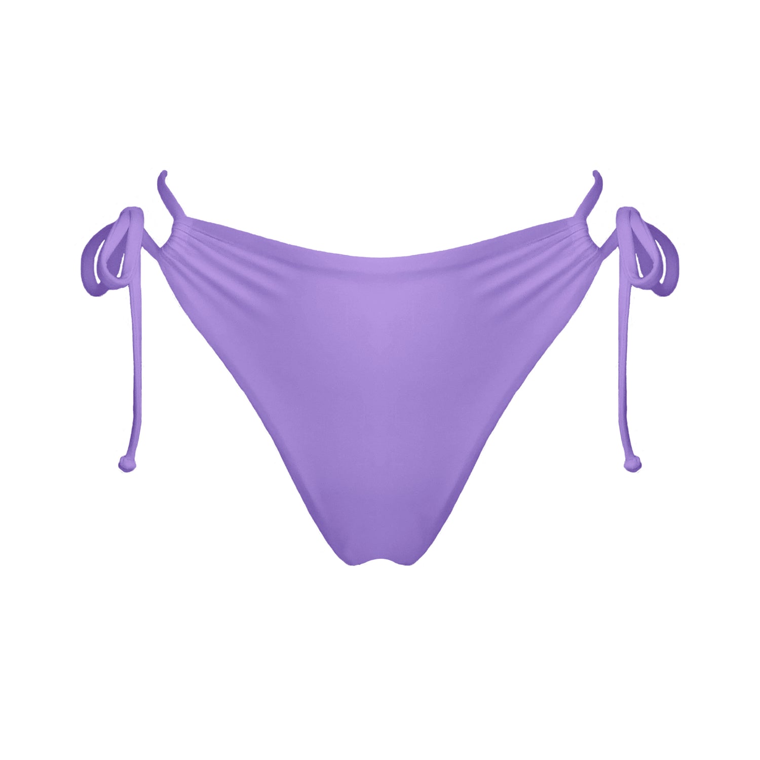 Pastel purple strappy mid-rise bikini bottoms with high cut legs and cheeky coverage.