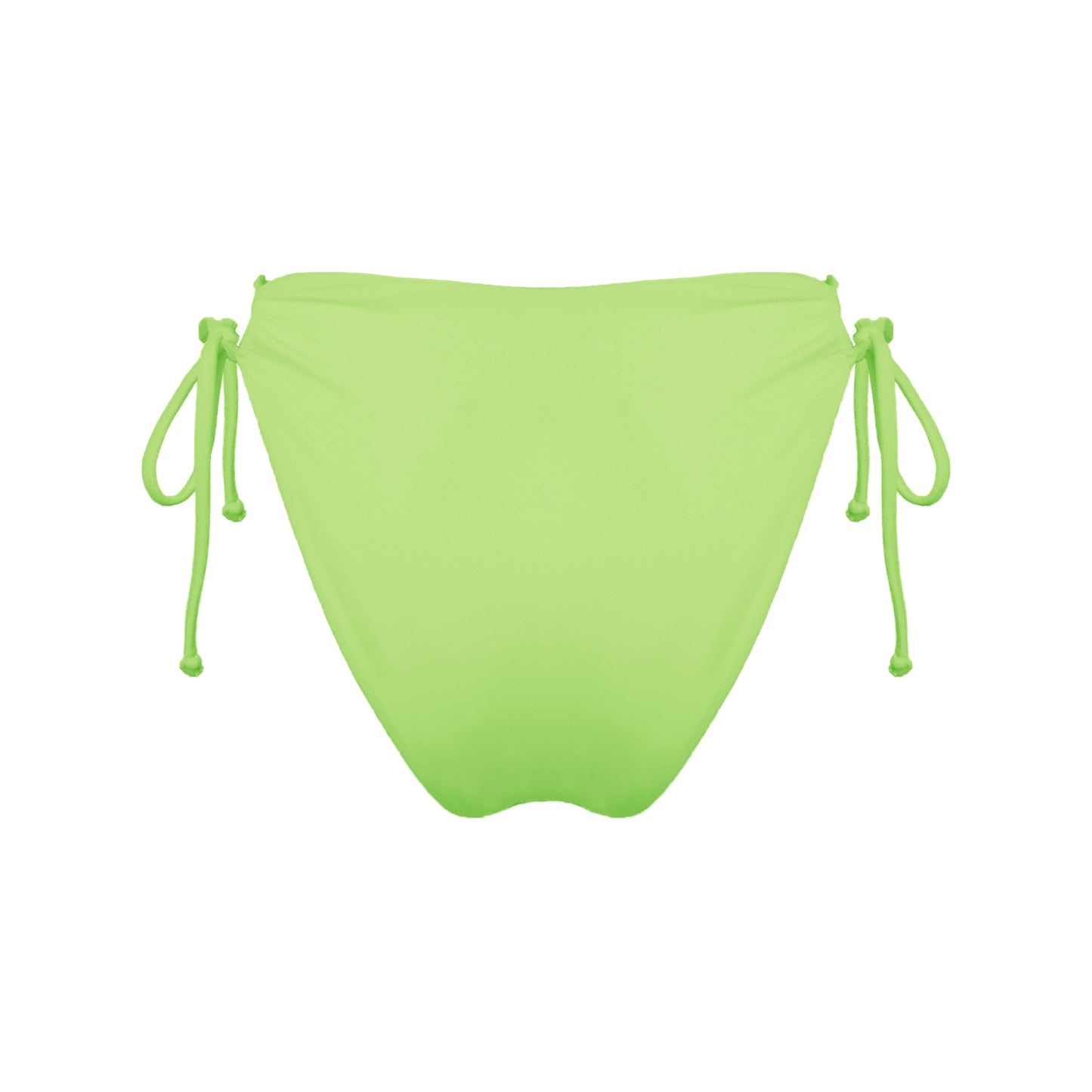 Back view of light neon green strappy mid-rise bikini bottoms with high cut legs and cheeky coverage.