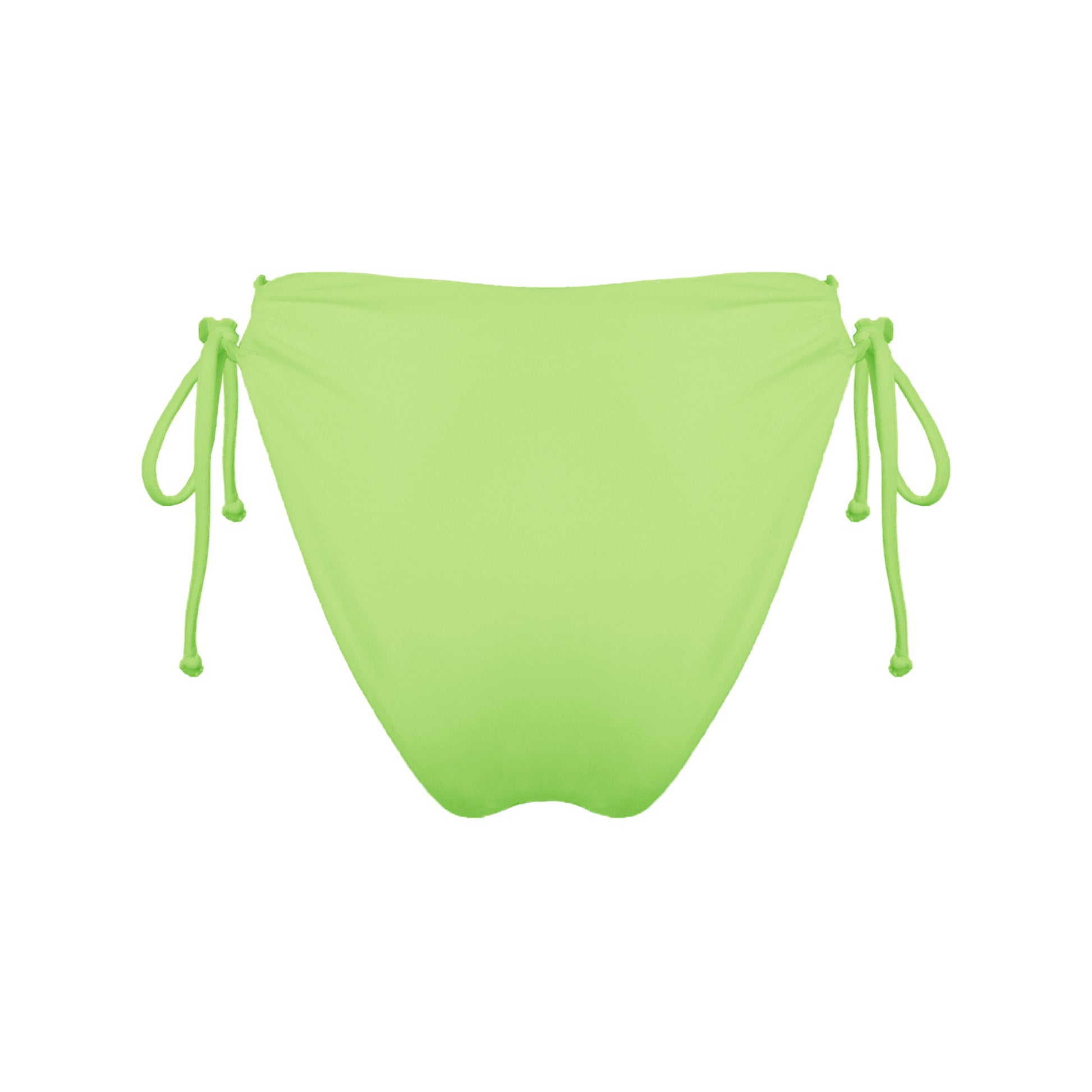 Back view of light neon green strappy mid-rise bikini bottoms with high cut legs and cheeky coverage.