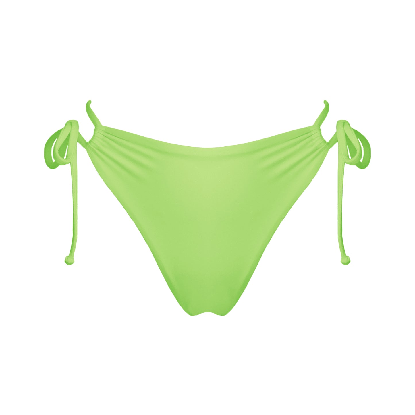 Light neon green strappy mid-rise bikini bottoms with high cut legs and cheeky coverage.
